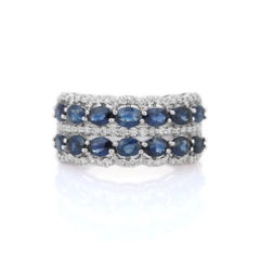 Women Blue Sapphire Diamond Cluster Band Engagement Ring in 18k Solid White Gold
