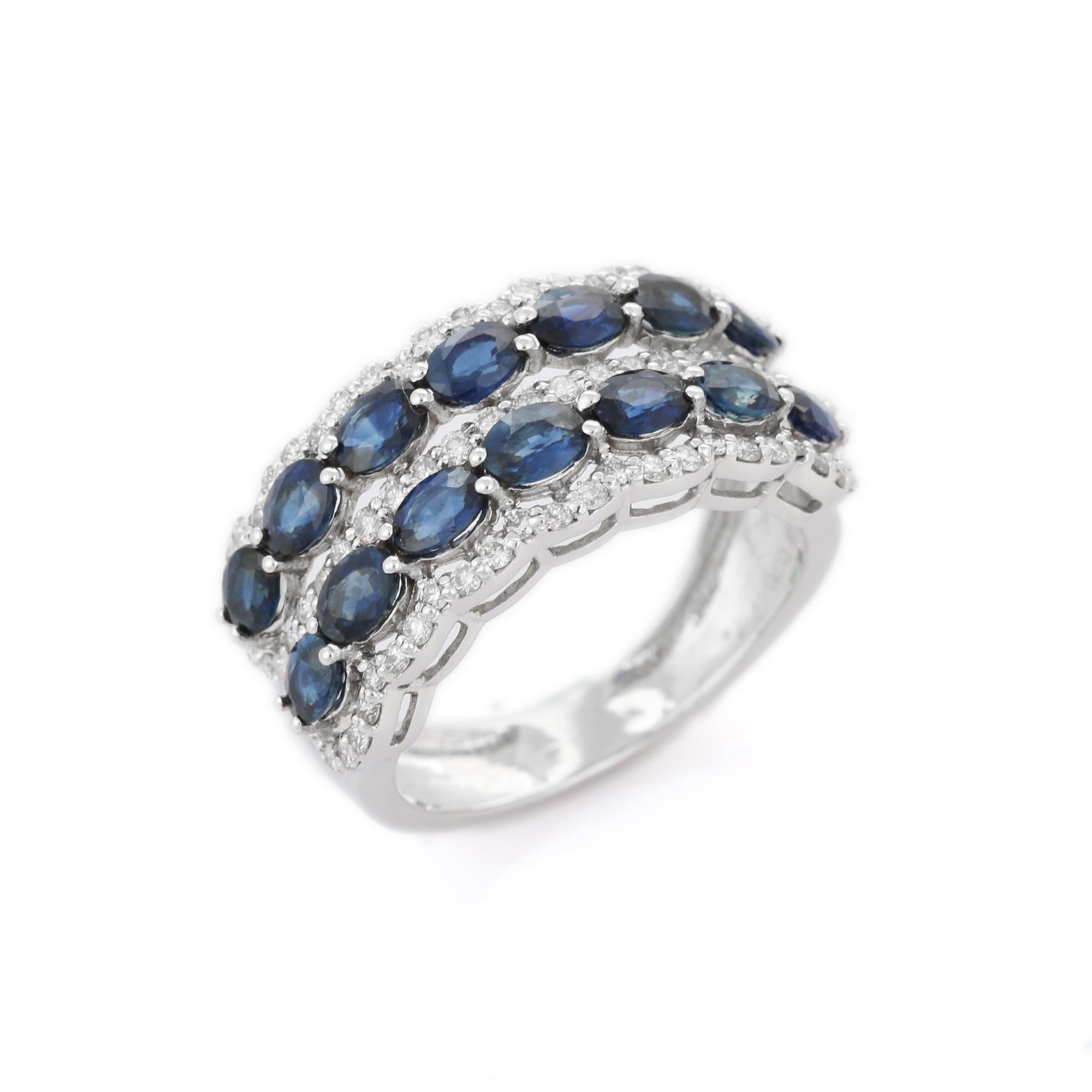 Im Angebot: Frauen Blauer Saphir Diamant Cluster Band Verlobungsring in 18k massivem Weißgold () 5