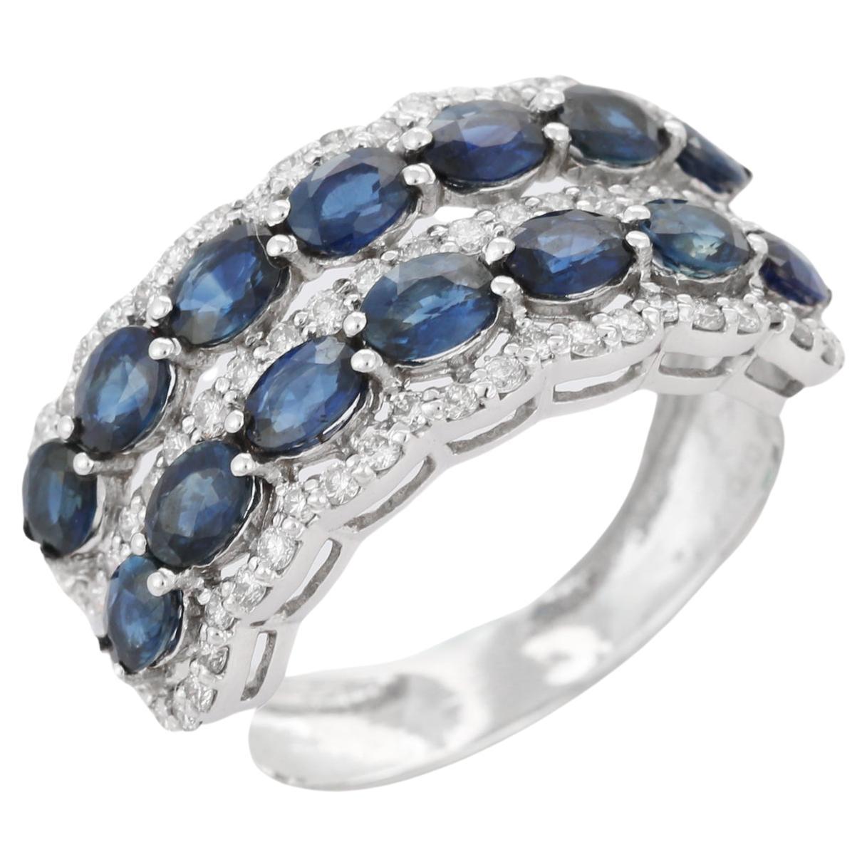 Bague de fiançailles pour femme en or blanc massif 18 carats, sertie de saphirs bleus et de diamants.