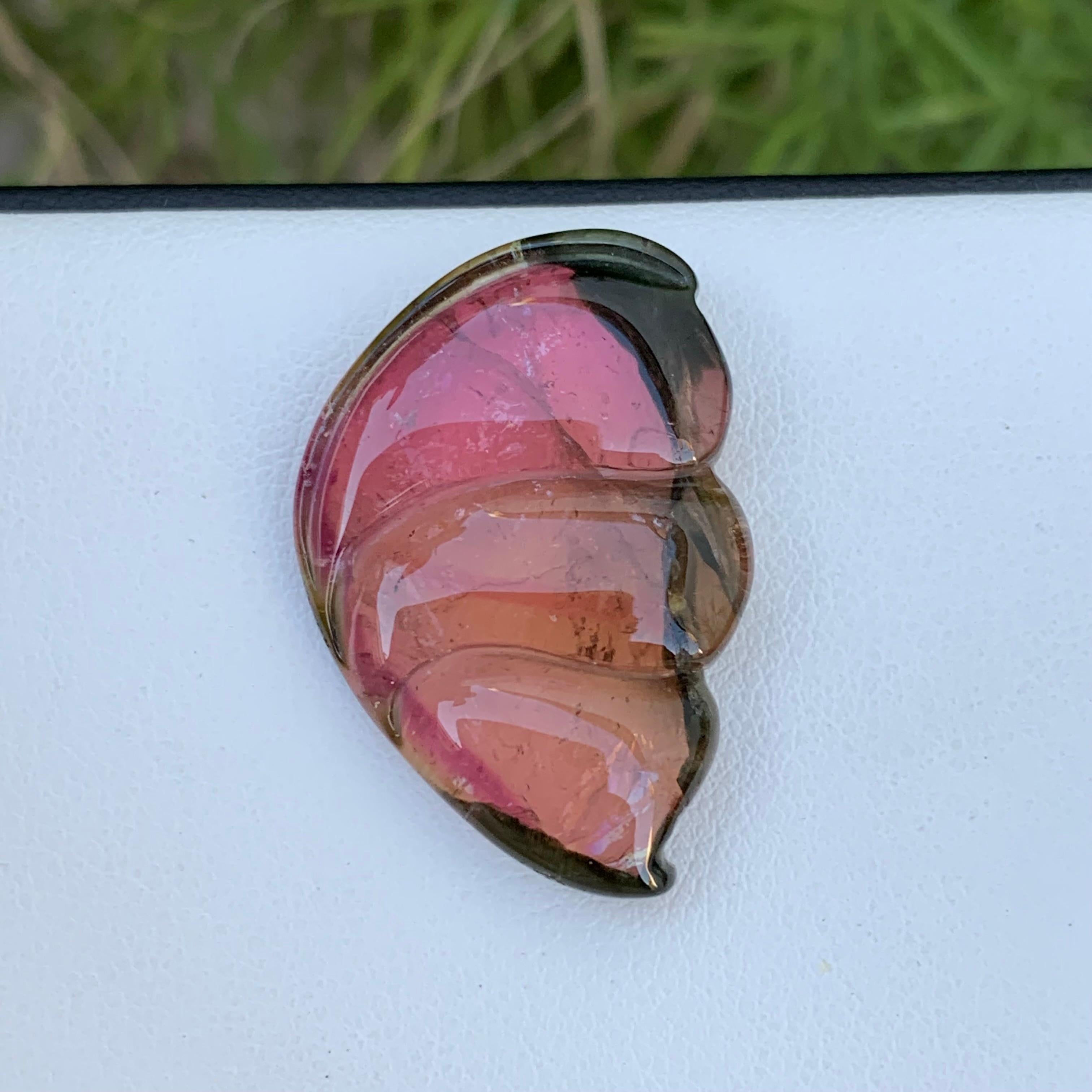 Weight: 26.40Carats
Dimension: 2.8 x 1.9 x 0.5 Cm
Origin: Africa
Colour: Red Pink and Green 
Shape: Carving
Quality: AAA
Tourmaline helps to create a shield around a person or room to prevent negative or unwelcome energies from entering. It is also