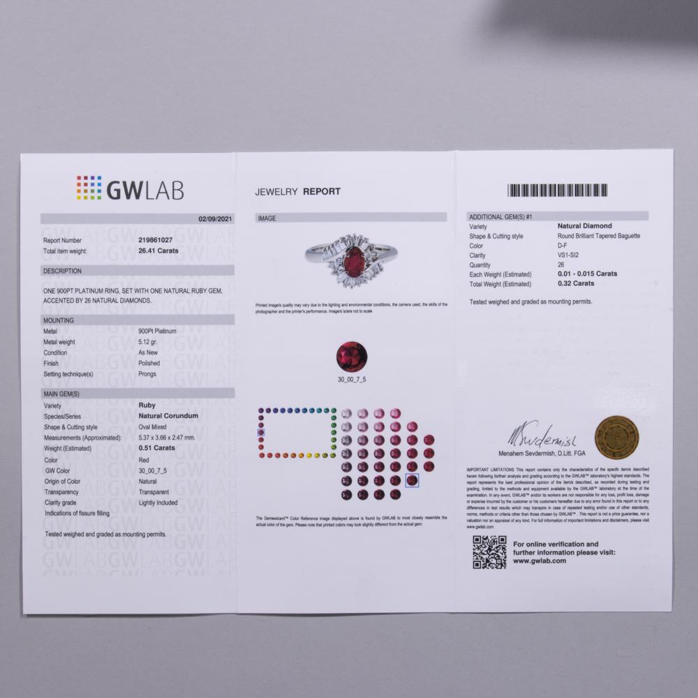 26.41ct Platinum Ring Set with Natural Ruby & Diamonds GWLAB Certified In Good Condition For Sale In Nottingham, GB