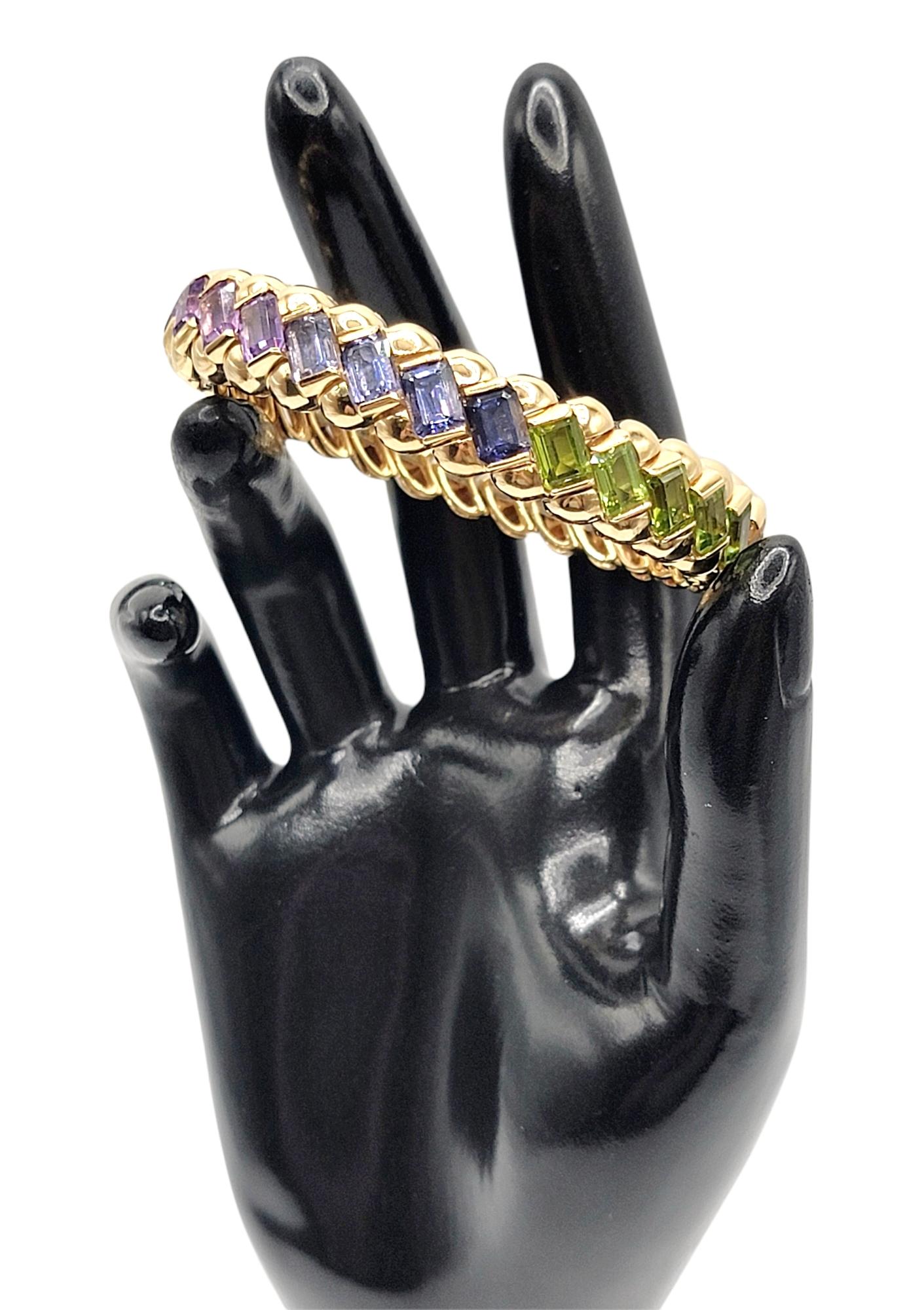 Contemporary 26.42 Carats Multi-Colored Gemstone Rainbow Bangle Bracelet 18 Karat Yellow Gold For Sale