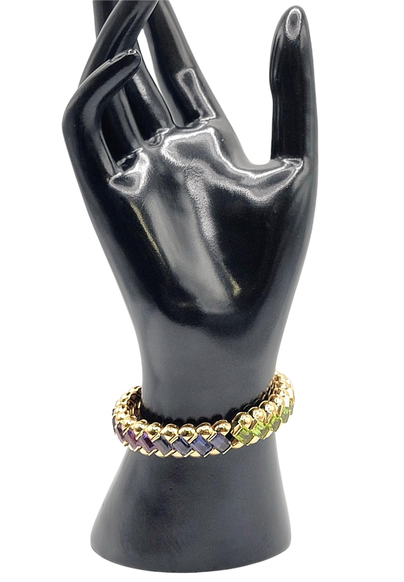 Women's 26.42 Carats Multi-Colored Gemstone Rainbow Bangle Bracelet 18 Karat Yellow Gold For Sale
