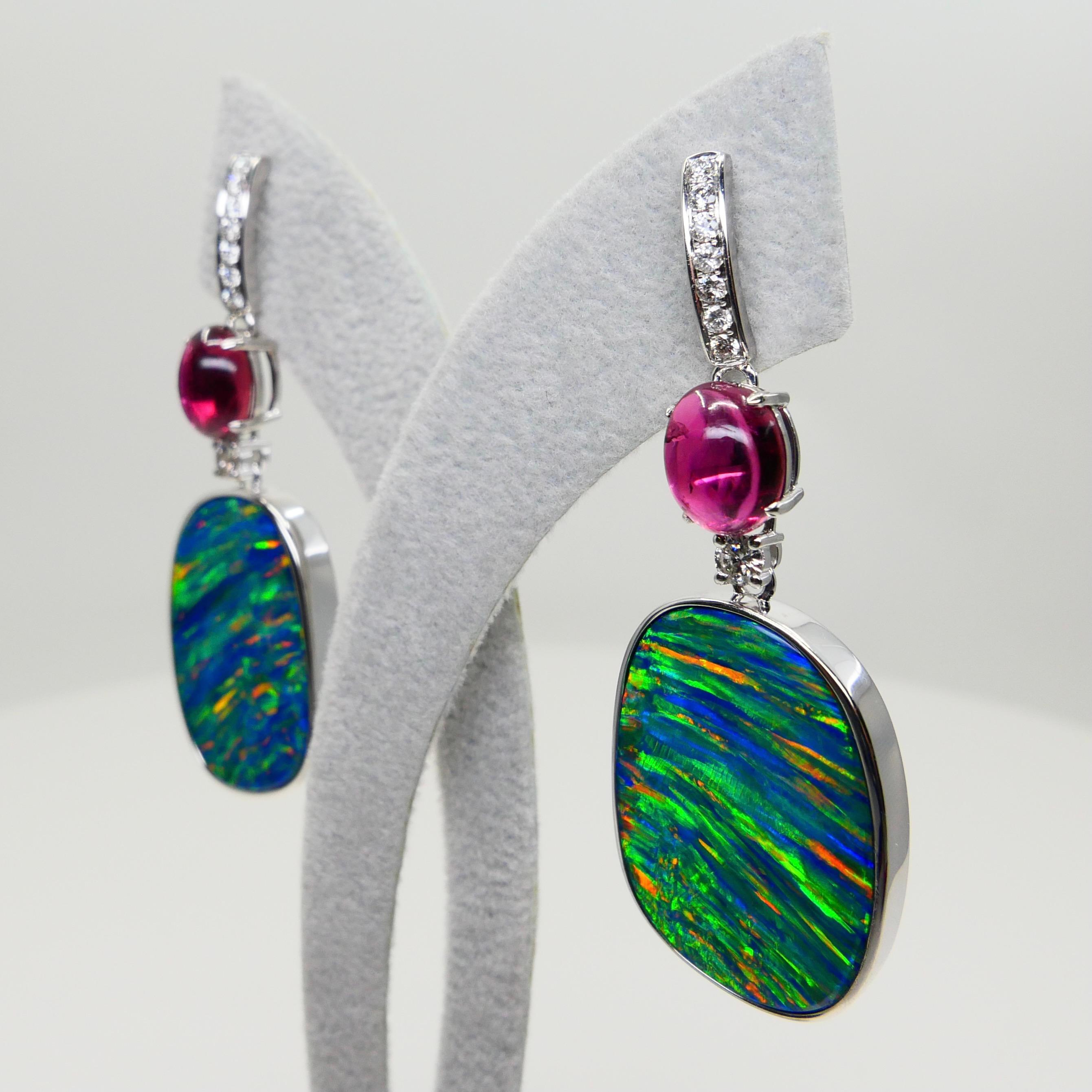 26.43 CTW Au Opal, Tourmaline & Diamond Earrings, Impressive Play of Colors For Sale 8