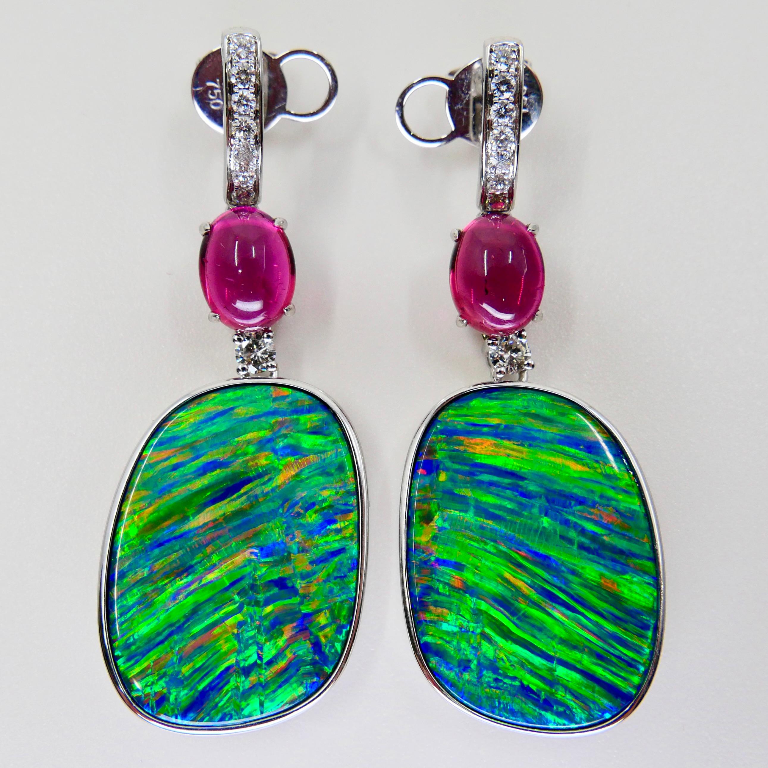 26.43 CTW Au Opal, Tourmaline & Diamond Earrings, Impressive Play of Colors For Sale 10