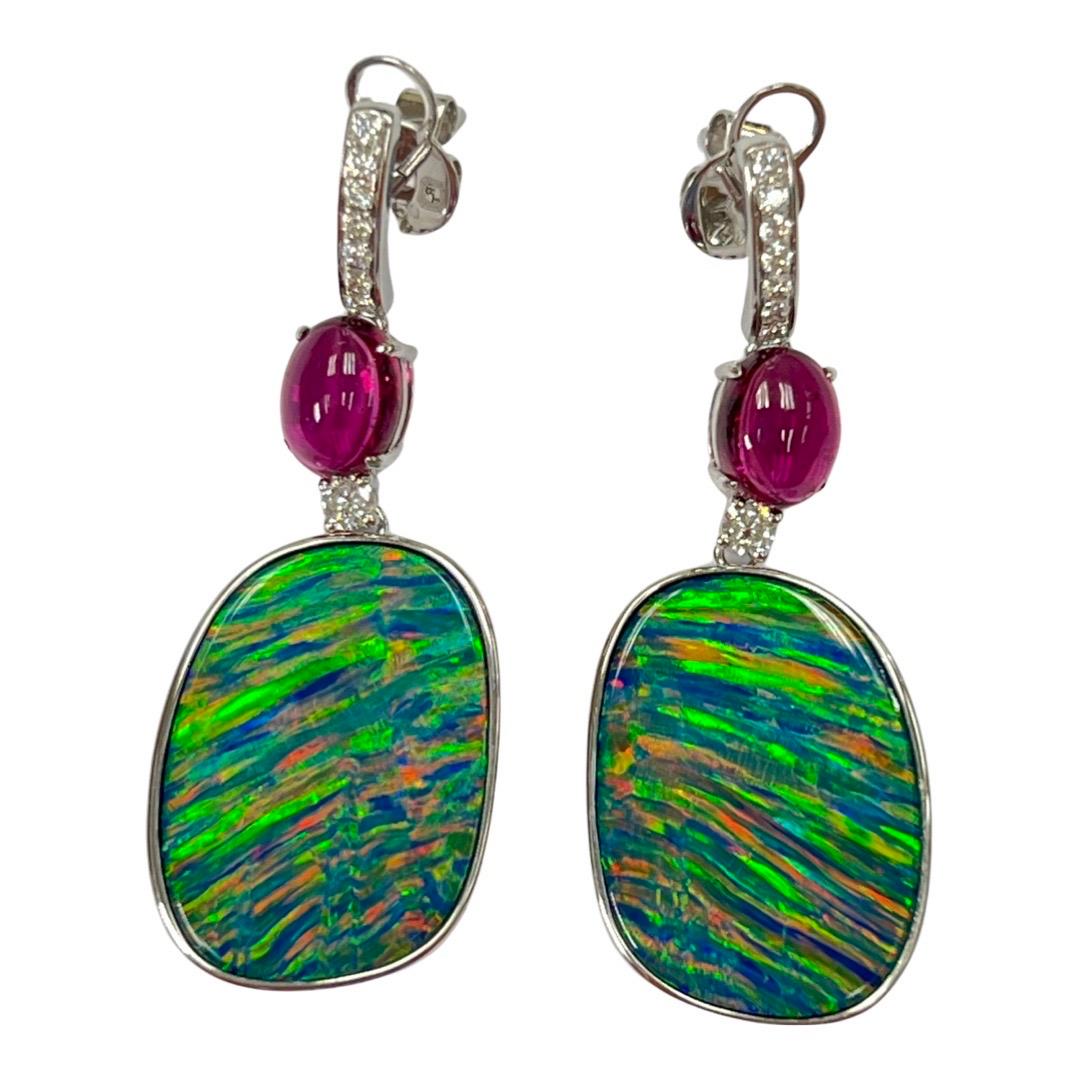 26.43 CTW Au Opal, Tourmaline & Diamond Earrings, Impressive Play of Colors For Sale 12