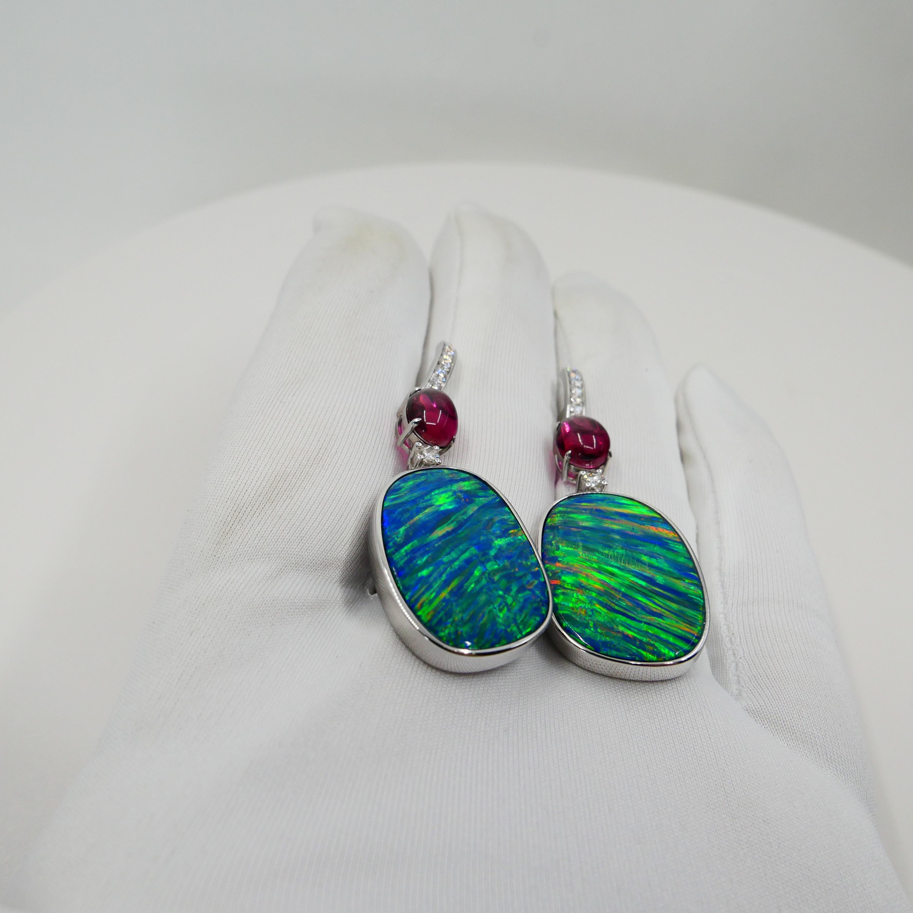 26.43 CTW Au Opal, Tourmaline & Diamond Earrings, Impressive Play of Colors For Sale 13