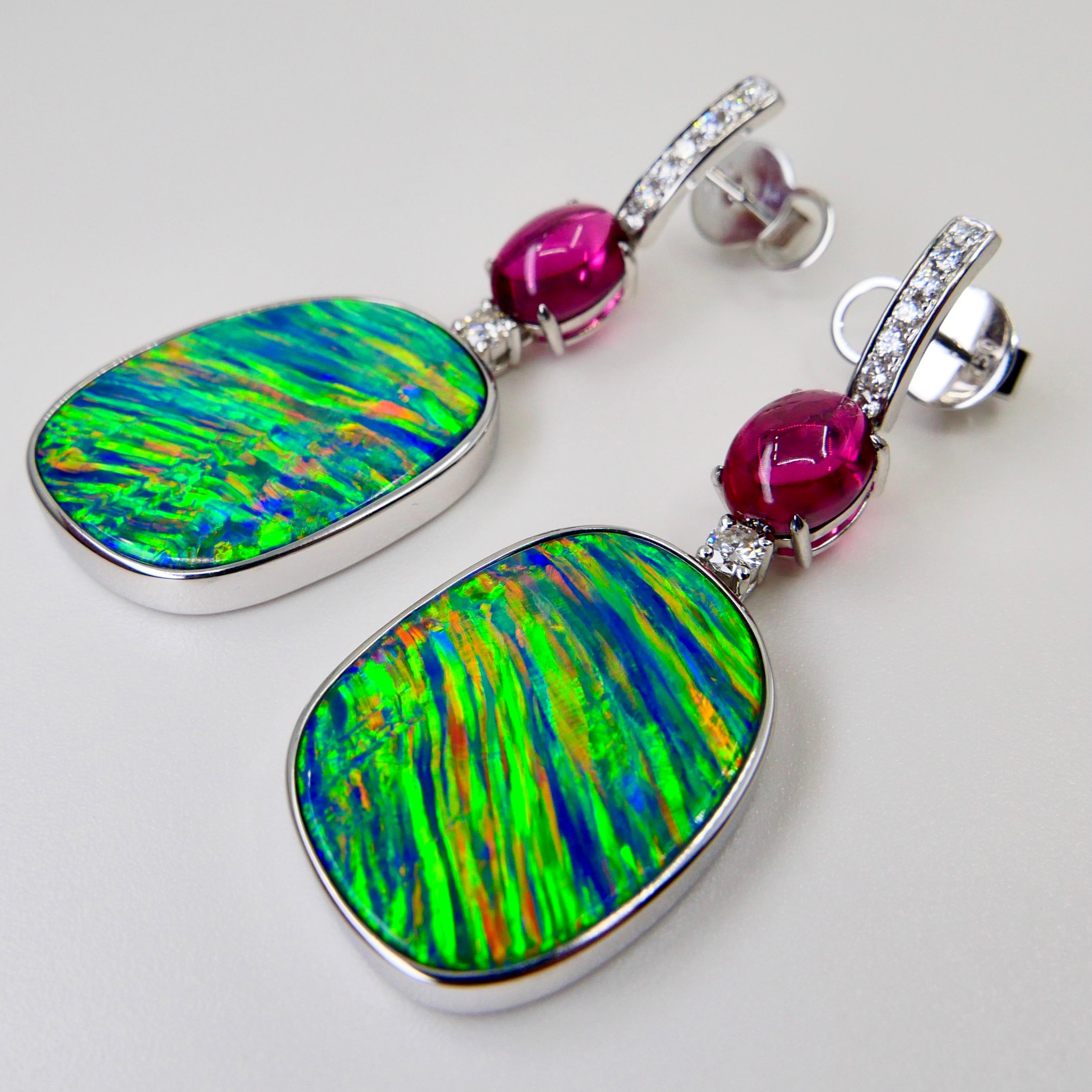 Rough Cut 26.43 CTW Au Opal, Tourmaline & Diamond Earrings, Impressive Play of Colors For Sale