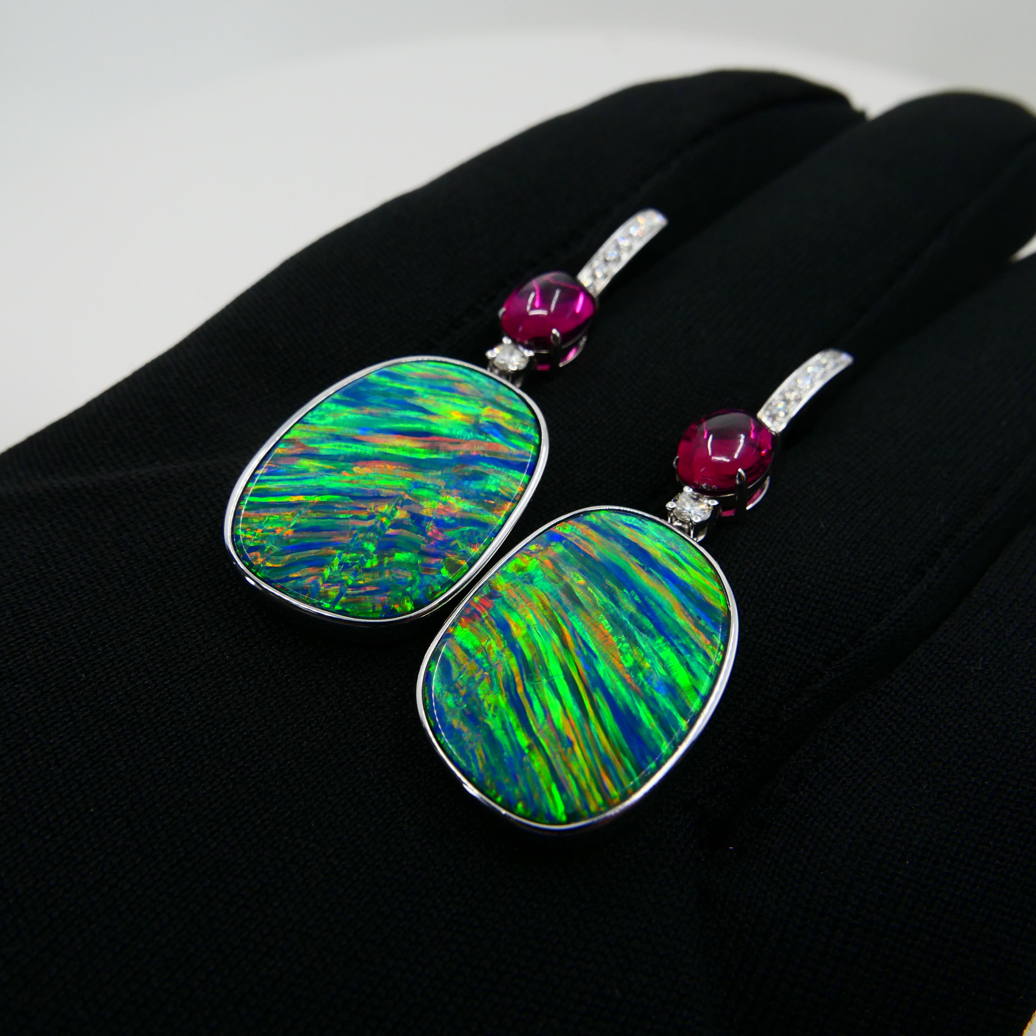 26.43 CTW Au Opal, Tourmaline & Diamond Earrings, Impressive Play of Colors For Sale 2