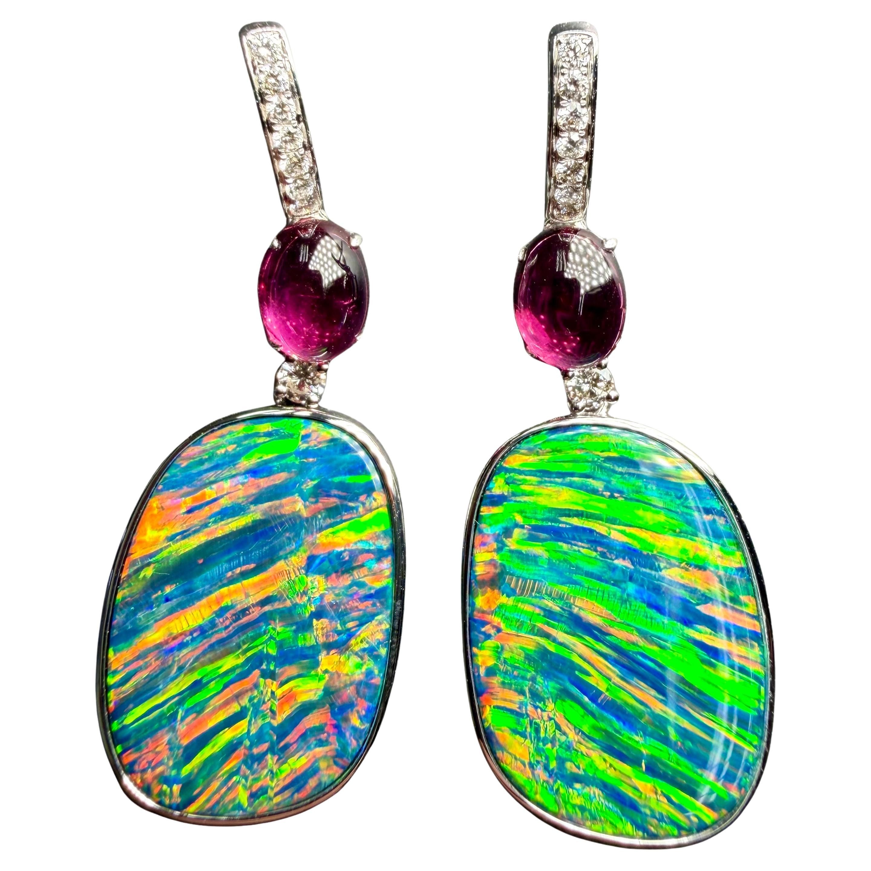 26.43 CTW Au Opal, Tourmaline & Diamond Earrings, Impressive Play of Colors
