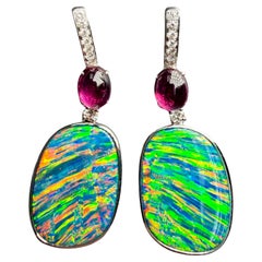 26.43 CTW Au Opal, Tourmaline & Diamond Earrings, Impressive Play of Colors