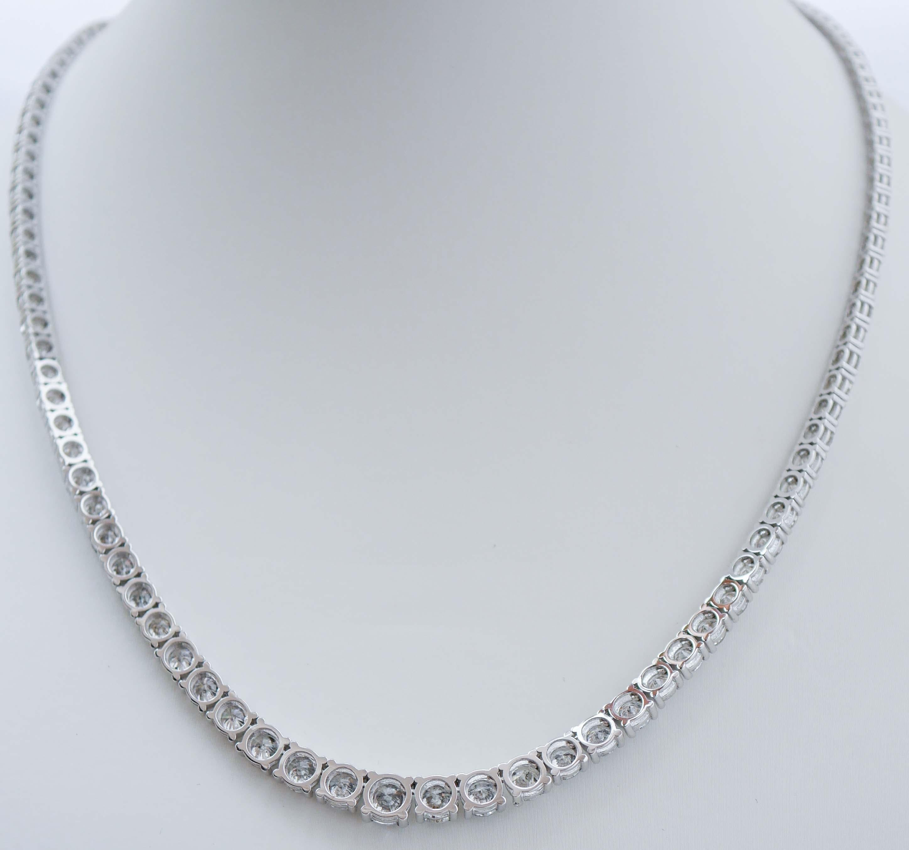 Modern 26.46 Carats Diamonds, 18 Karat White Gold Tennis Necklace. For Sale