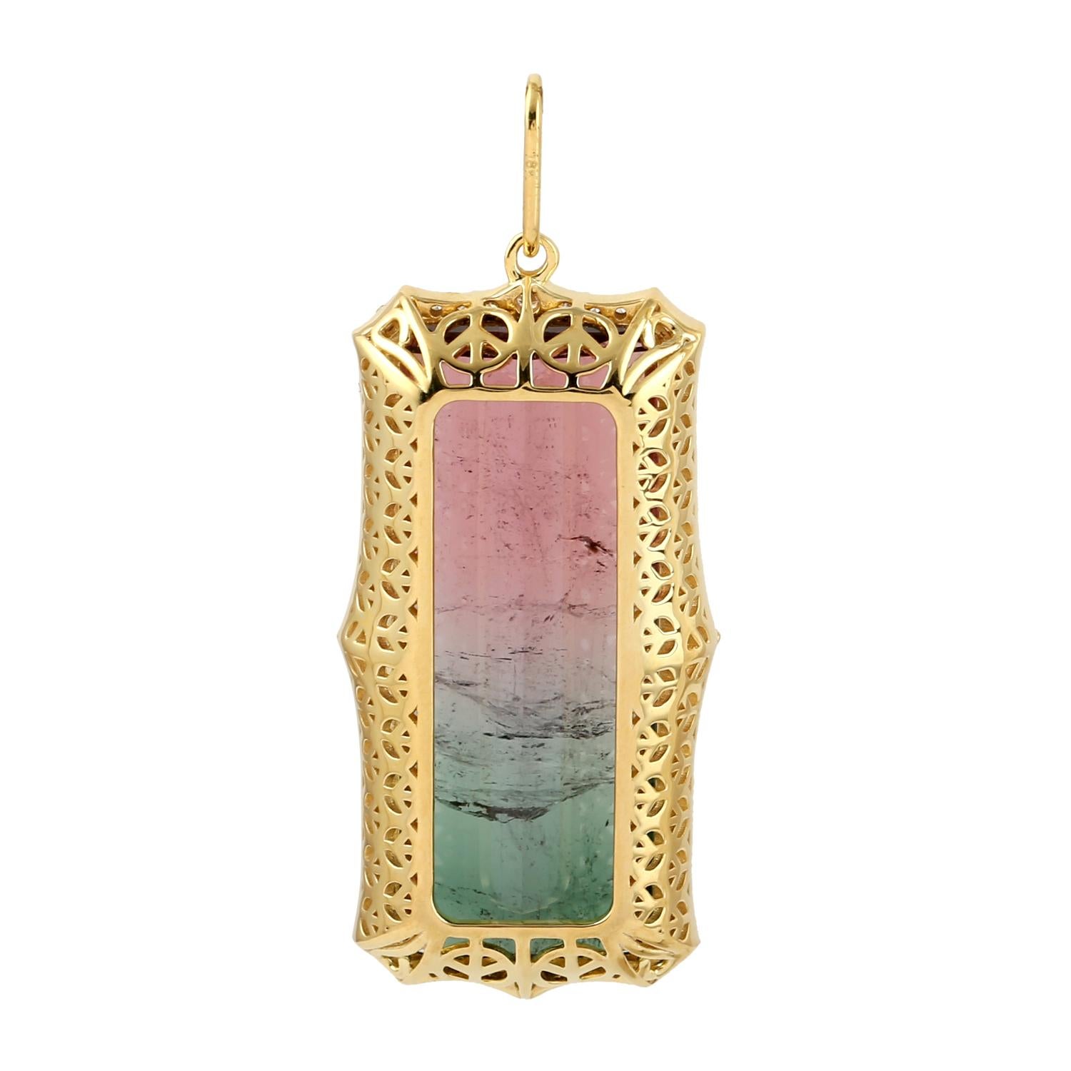 Contemporary 26.46 ct Watermelon Tourmaline Pendant With Diamonds Made In 18k Yellow Gold For Sale