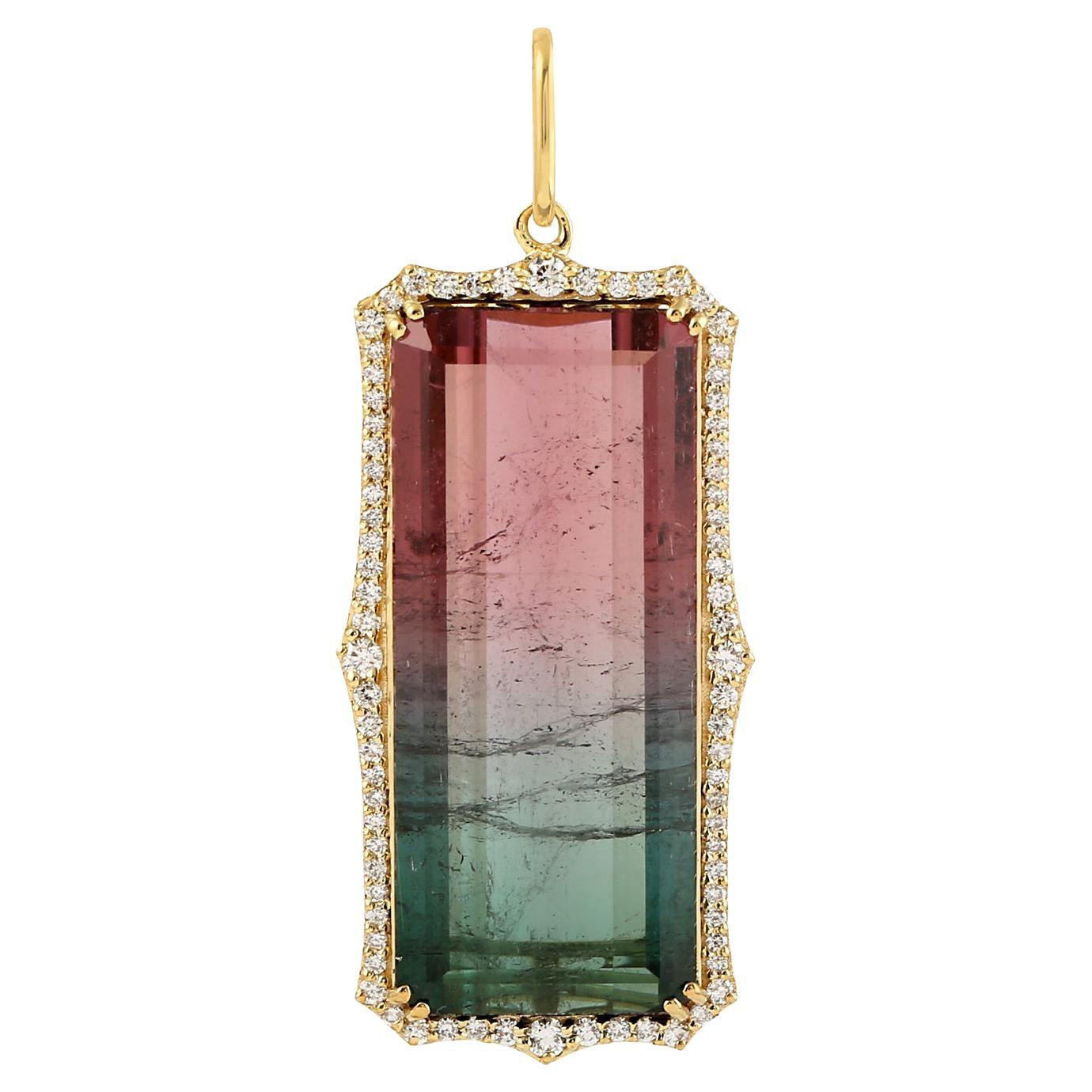 26.46 ct Watermelon Tourmaline Pendant With Diamonds Made In 18k Yellow Gold For Sale