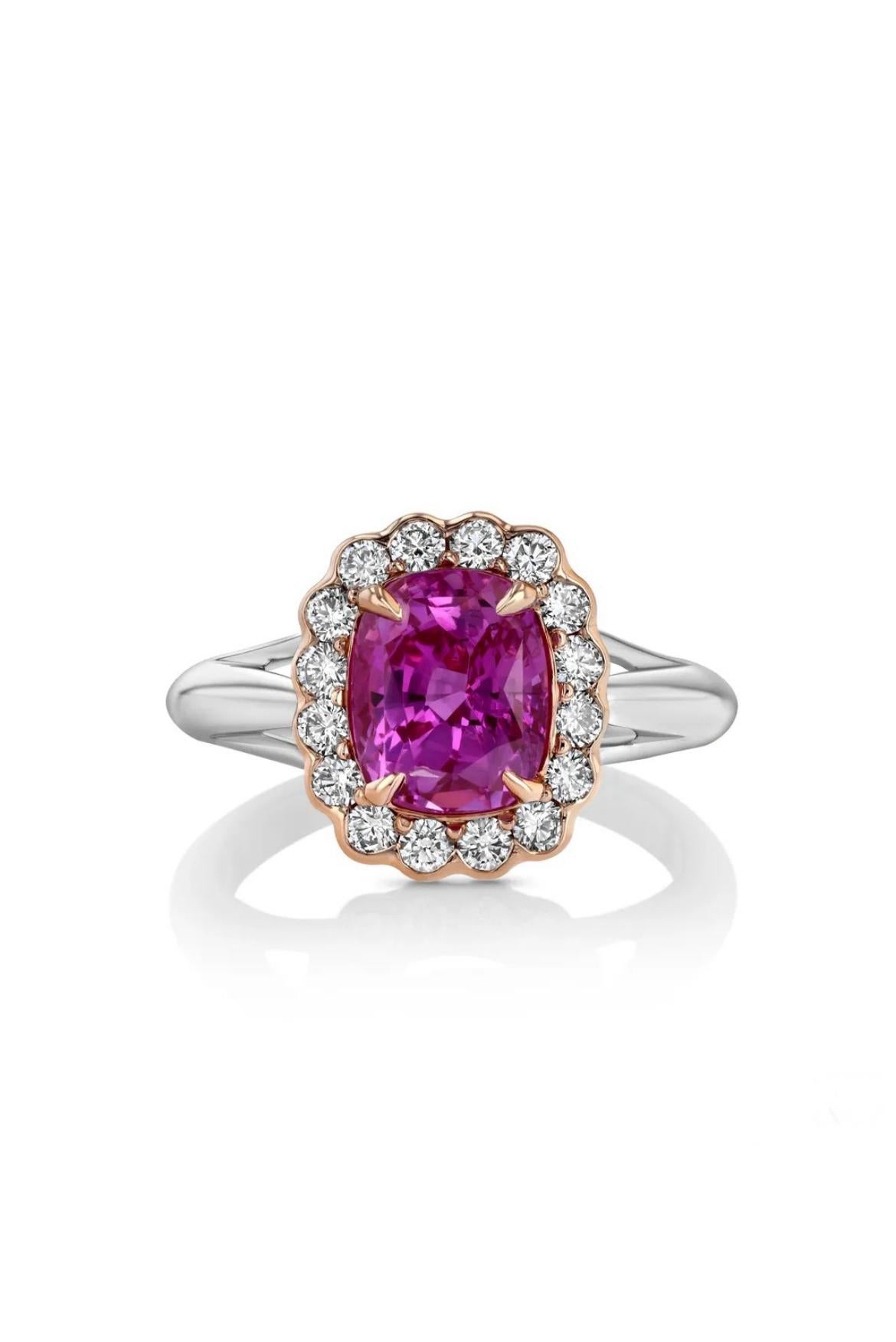 A 2.64ct cushion-cut intense Pink Sapphire from Sri Lanka is highlighted by 16 round diamonds totaling 0.41 cts. Fabricated in 18K white with rose gold. The gem is certified by a GIA report.

Pink sapphires are the world's most desirable gemstones