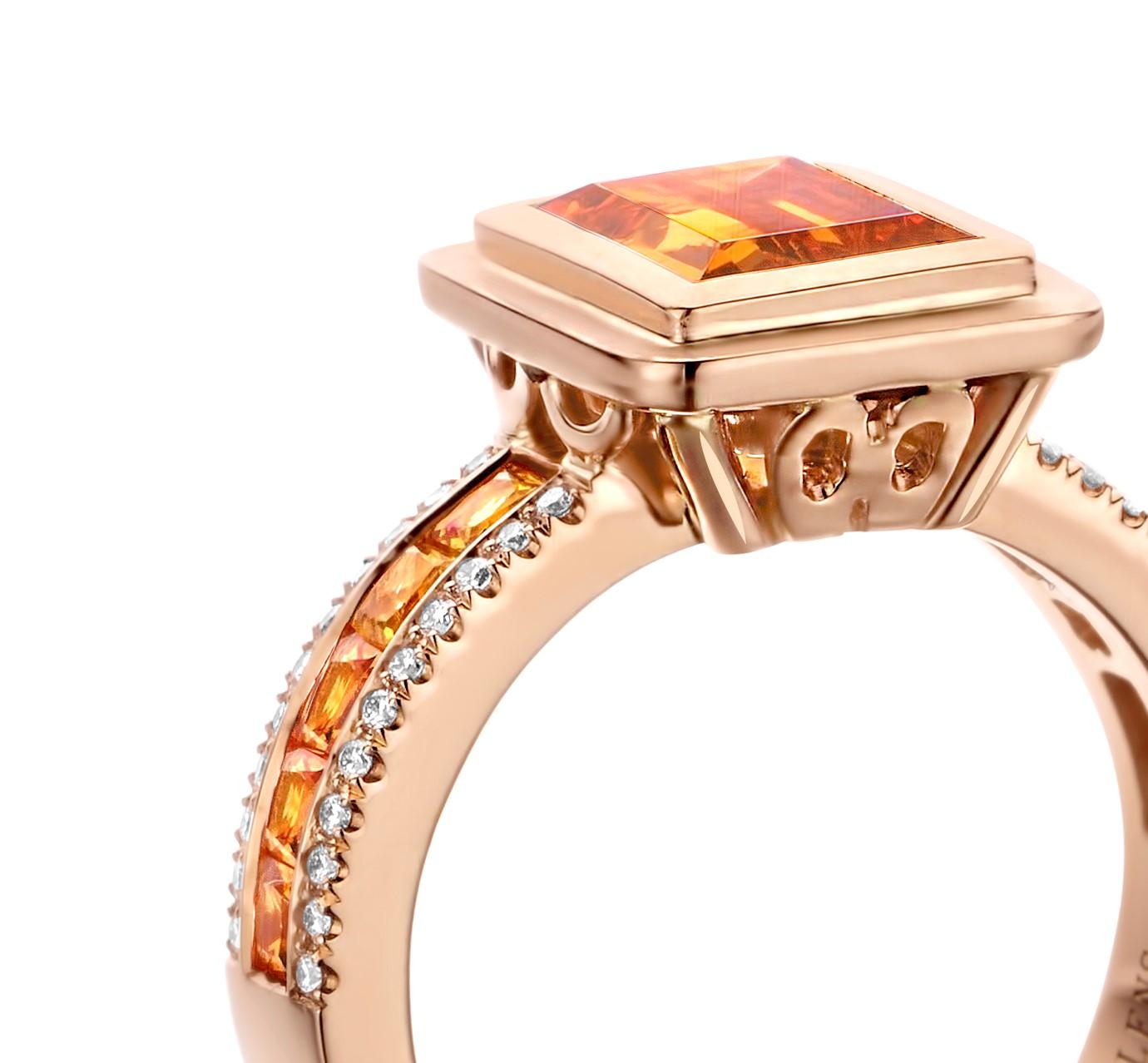 One of a kind “Grace” ring in 18 Karat rose gold 8,2g set with 1 natural, eye clean, mandarin garnet in baguette cut 2,64-Carat diamonds in brilliant cut 0,13 Carat (VS-F quality) and yellow and orange sapphires in princess cut 0,80 Carat.

Because