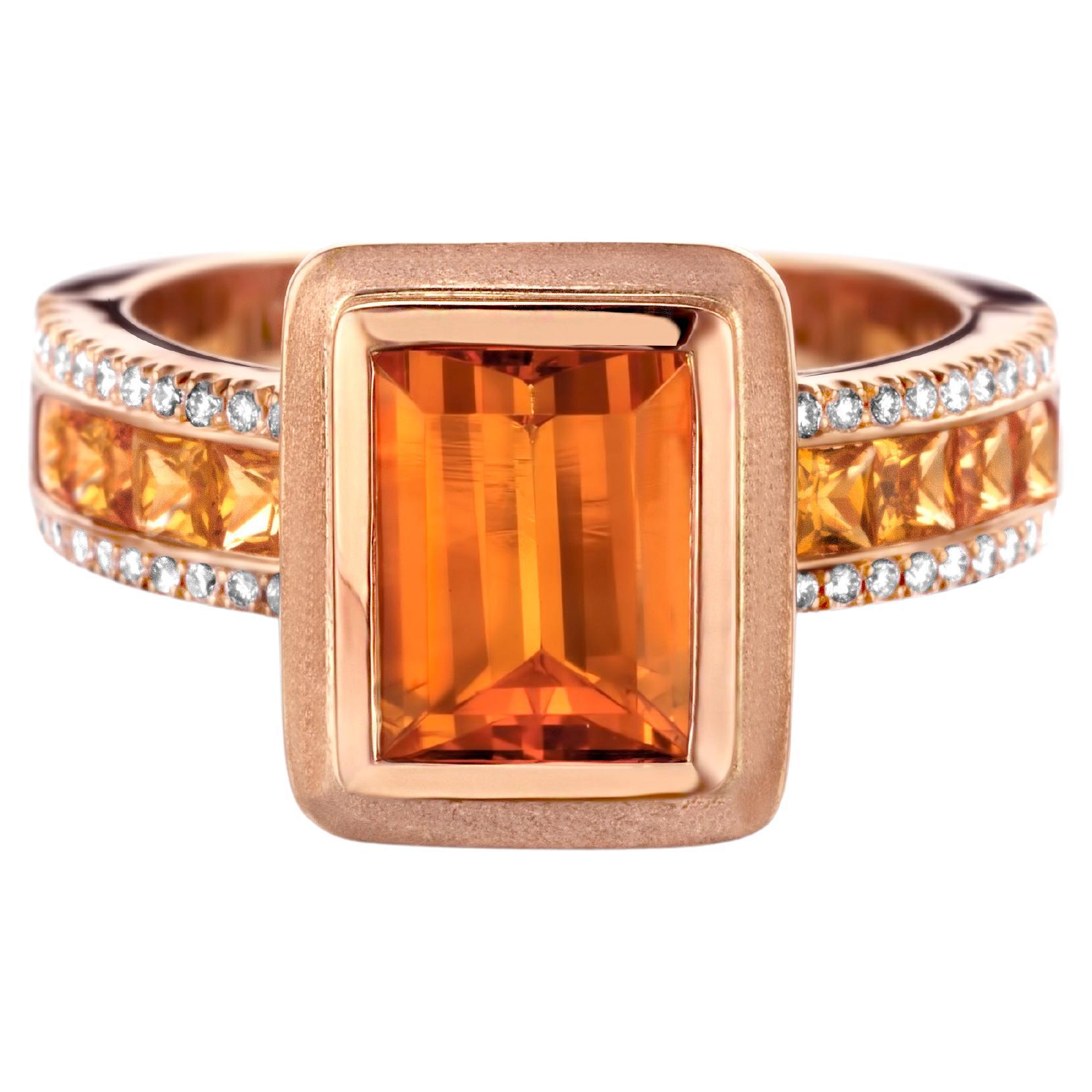 2.64 Carat Mandarin Garnet Sapphire Diamond 18 Karat Rose Gold Cocktail Ring For Sale