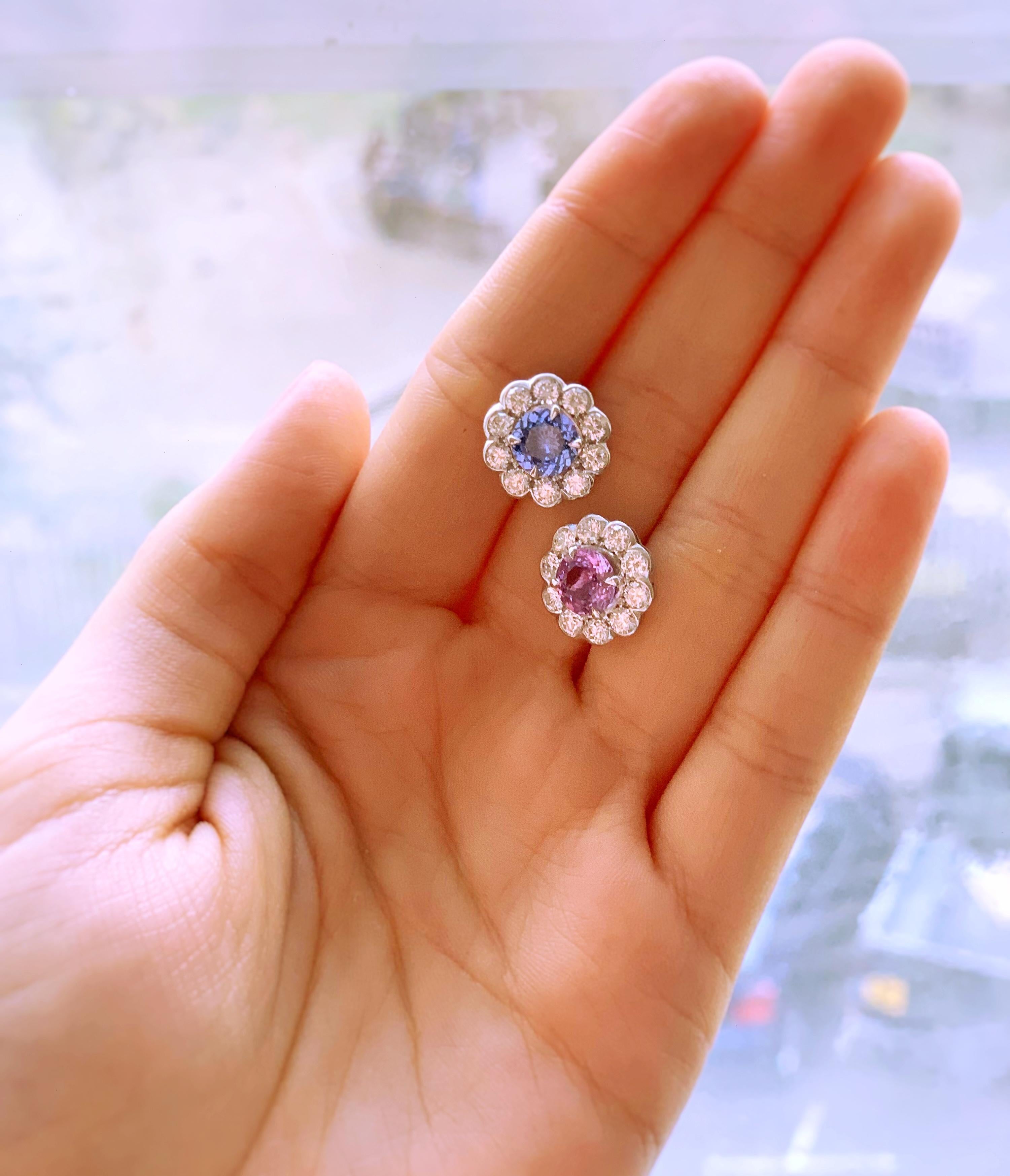 2.64ct Sapphire and 1.13ct Diamond Flower Shaped in 18 Carat White Gold Earrings For Sale 3