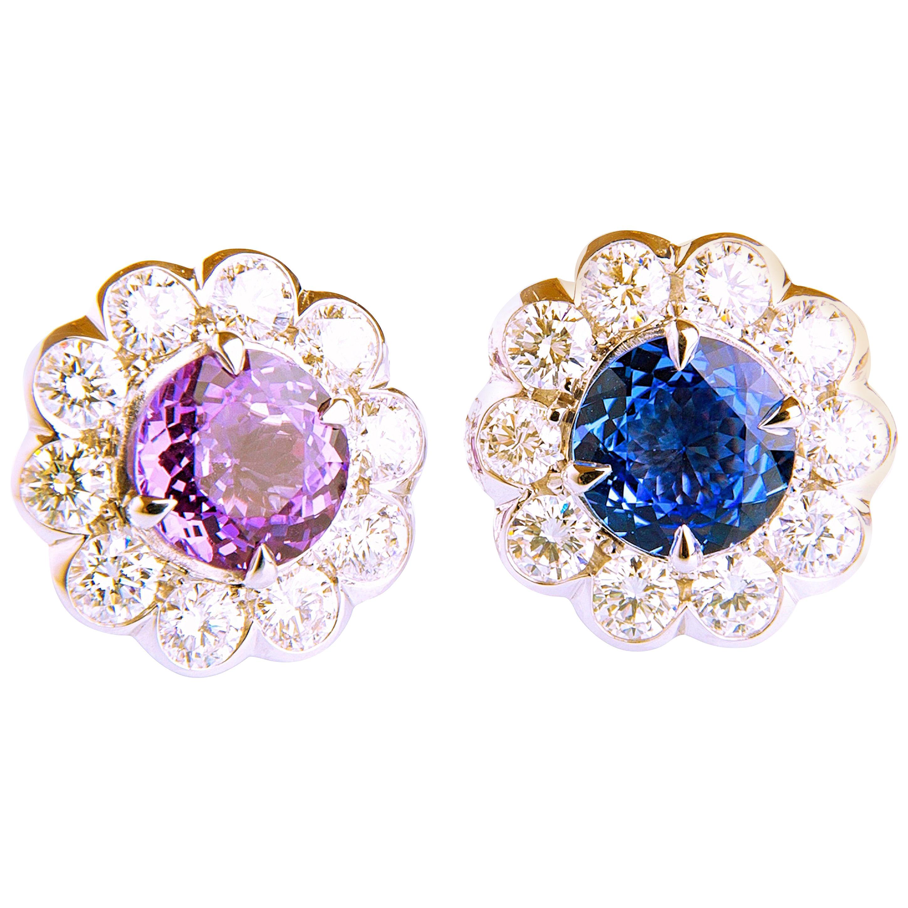 2.64ct Sapphire and 1.13ct Diamond Flower Shaped in 18 Carat White Gold Earrings For Sale