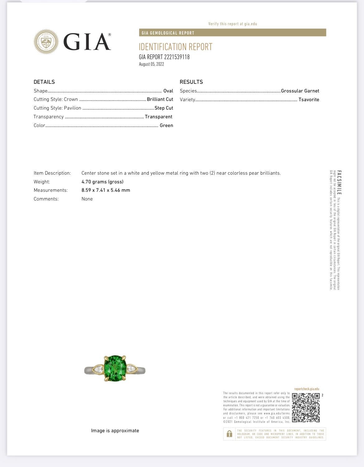Oval Cut 2.64ct untreated Tsavorite Garnet ring. GIA certified. For Sale