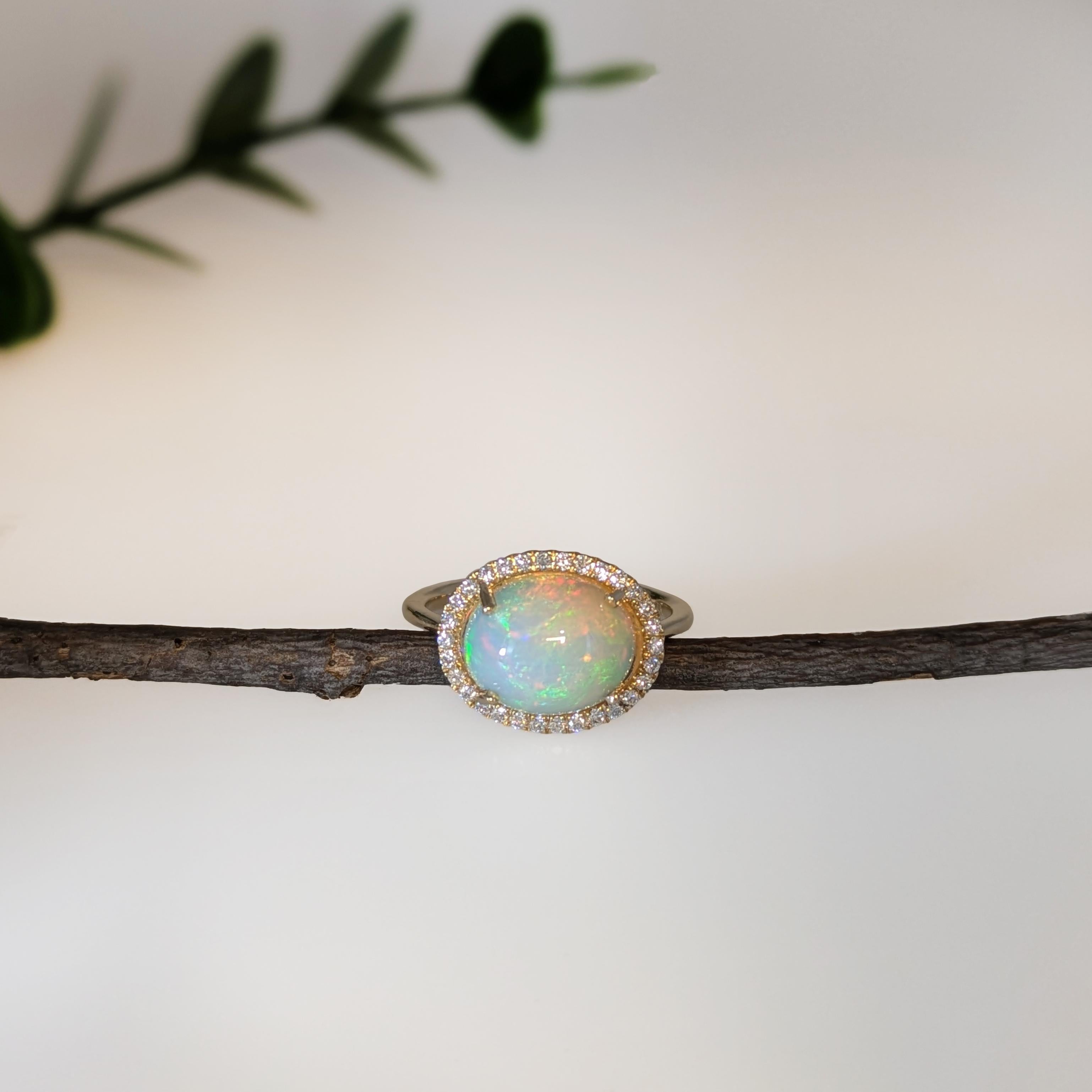 Oval Cut 2.64cts Opal Ring w Diamond Halo in 14K Yellow Gold  Oval 12X9mm For Sale