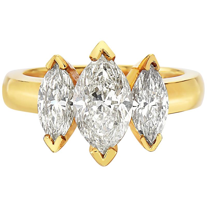 2.65 Carat 18 Karat Yellow Gold Marquise Cut Trilogy Engagement Ring For Sale