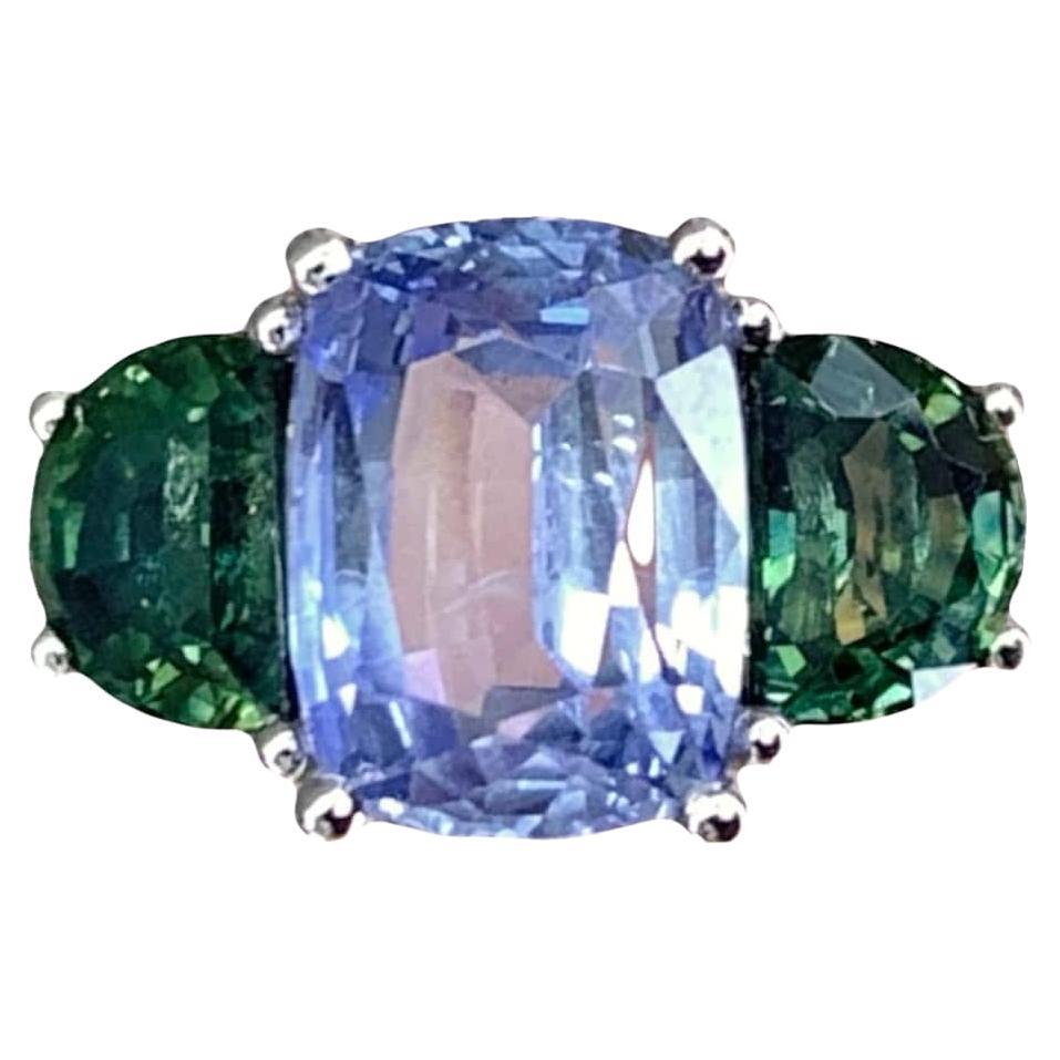 2.65 Carat Blue Sapphire with Half Moon Green Sapphire Three Stone Ring ...