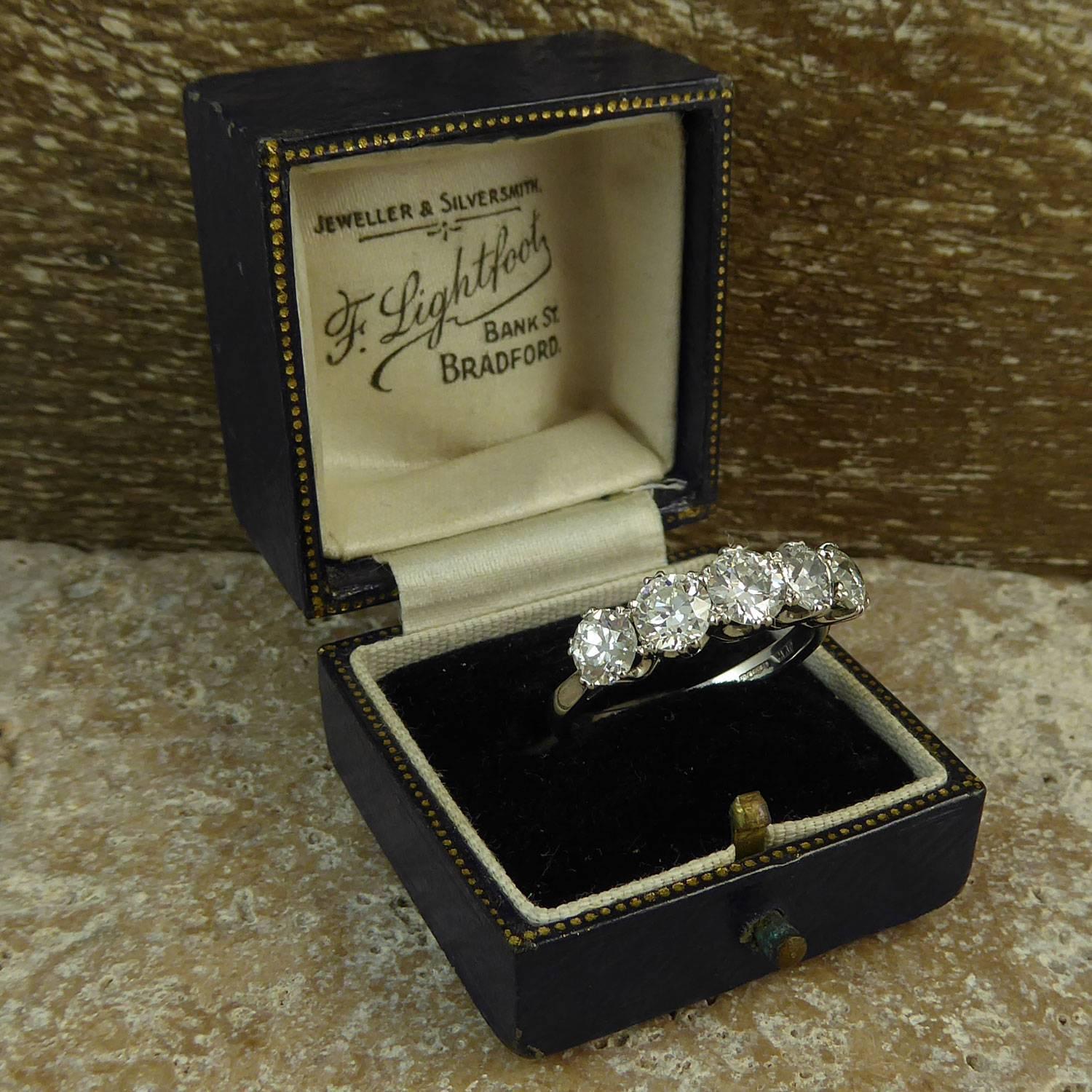 2.65 Carat Diamond Five-Stone Ring, Old Cut Diamonds, Modern Platinum Band 3