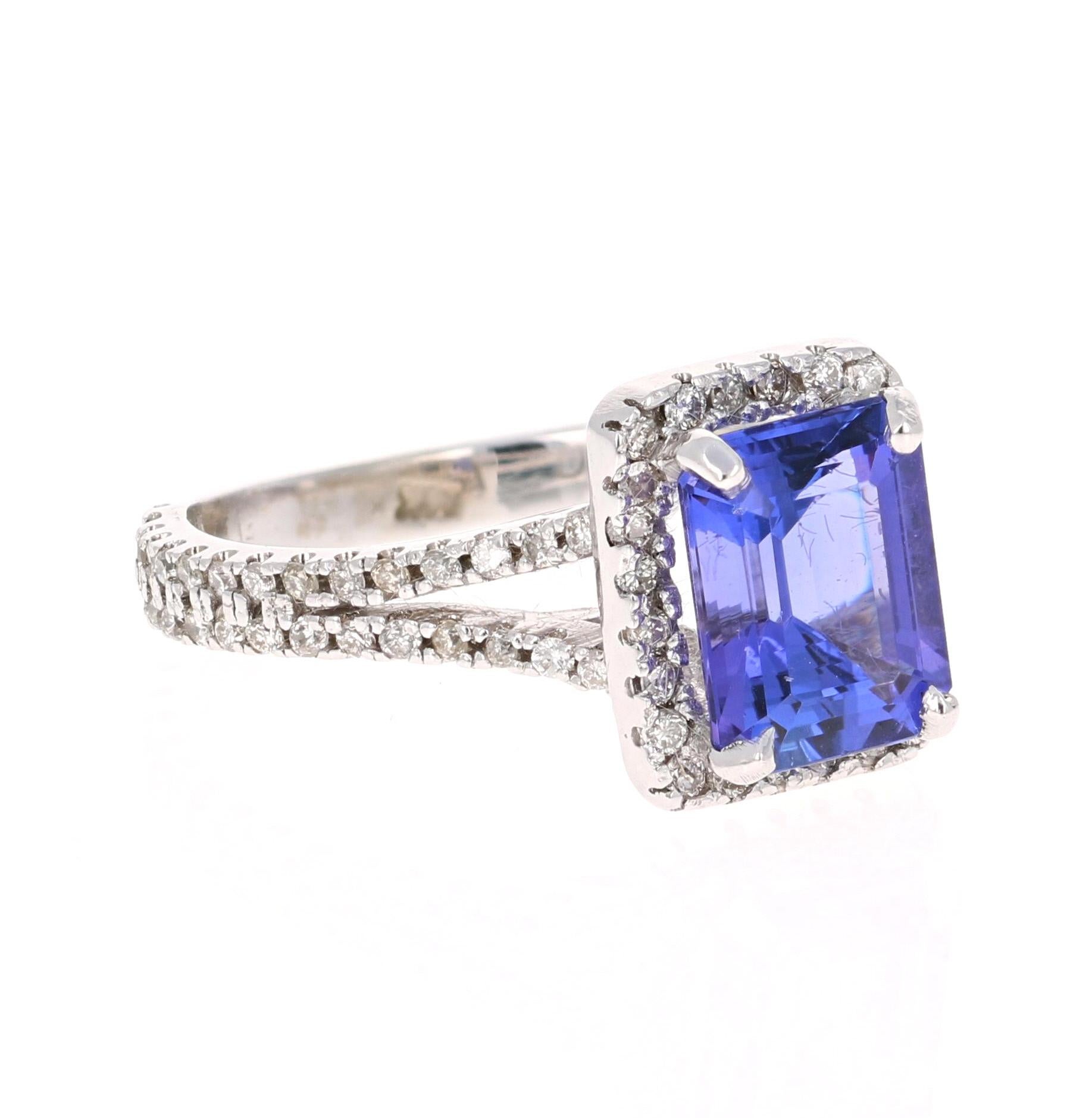 A gorgeous 2.65 Carat Tanzanite and Diamond Ring that can easily transform into a unique Engagement Ring for that special someone!

The Tanzanite is an Emerald cut stone that weighs 1.97 Carats.  The ring is surrounded by 54 Round Brilliant Cut