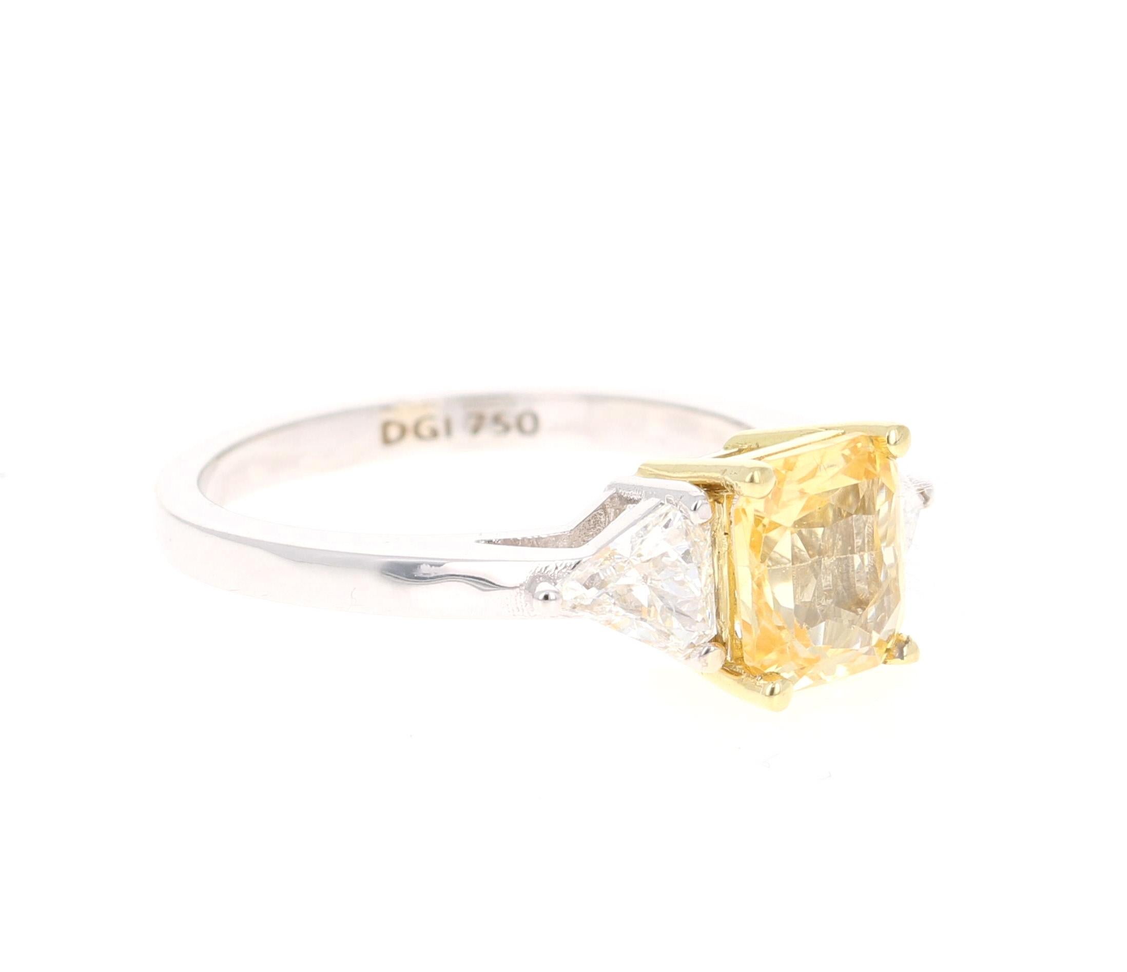 Stunning Natural Yellow Sapphire Non-Heated GIA Certified Three Stone Ring!

This ring has a Cushion Cut Yellow Sapphire that is GIA Certified. GIA Certificate number is: 2191734259. The Yellow Sapphire is natural and is a non-heated stone. This