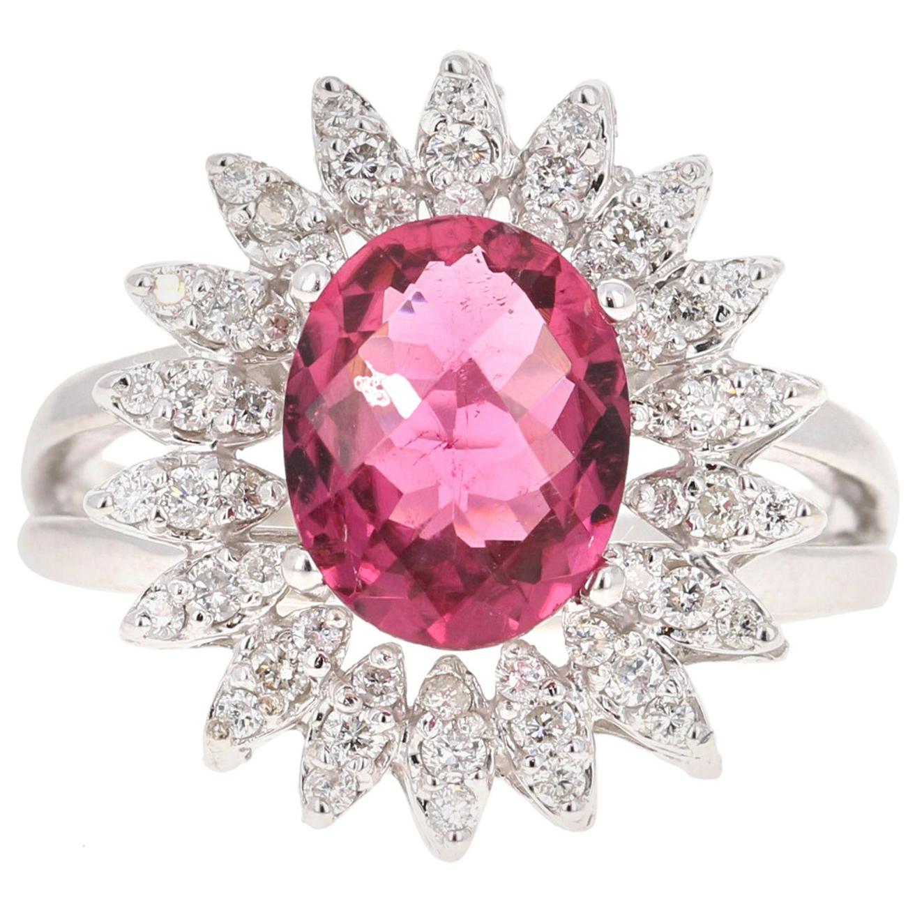 Anello in oro bianco con diamante e tormalina rosa calda da 2,65 carati