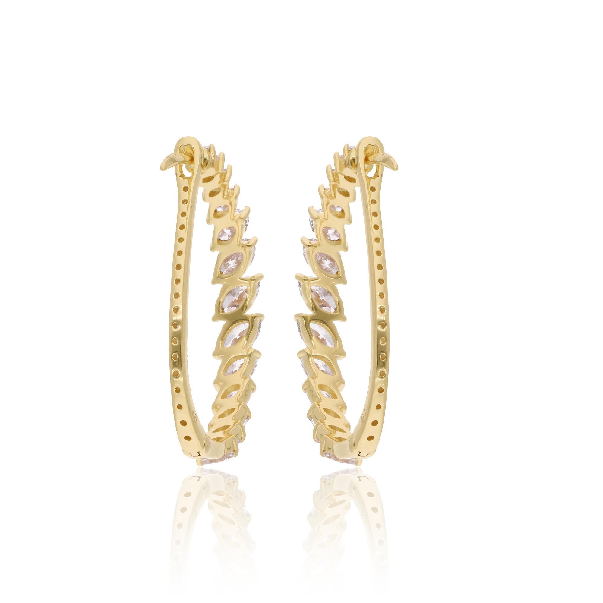 Women's 2.65 Carat Marquise Diamond Hoop Earrings 18 Karat Yellow Gold Handmade Jewelry For Sale