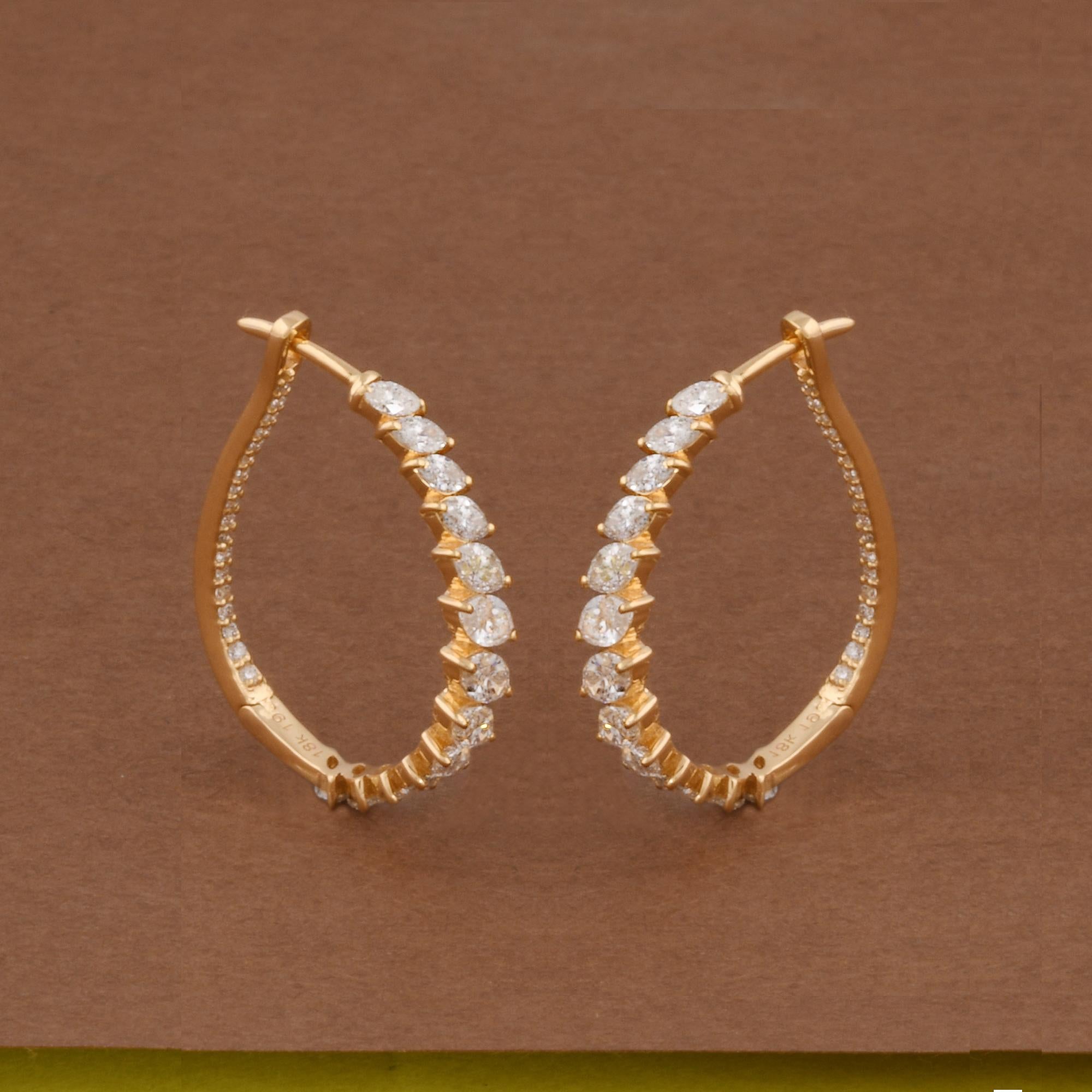 2.65 Carat Marquise Diamond Hoop Earrings 18 Karat Yellow Gold Handmade Jewelry For Sale 1