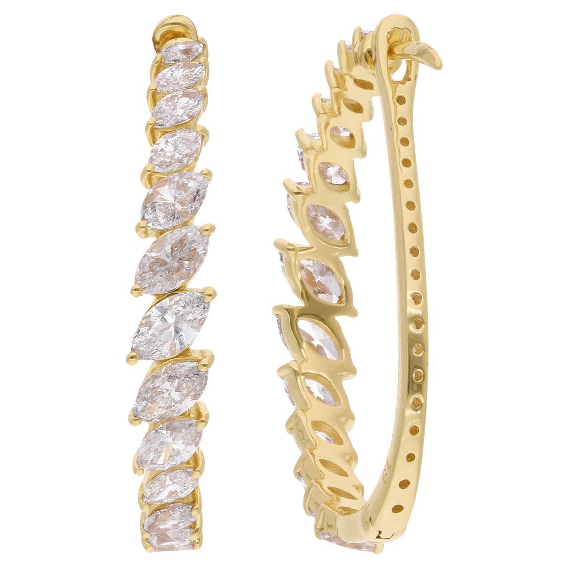 2.65 Carat Marquise Diamond Hoop Earrings 18 Karat Yellow Gold Handmade Jewelry For Sale