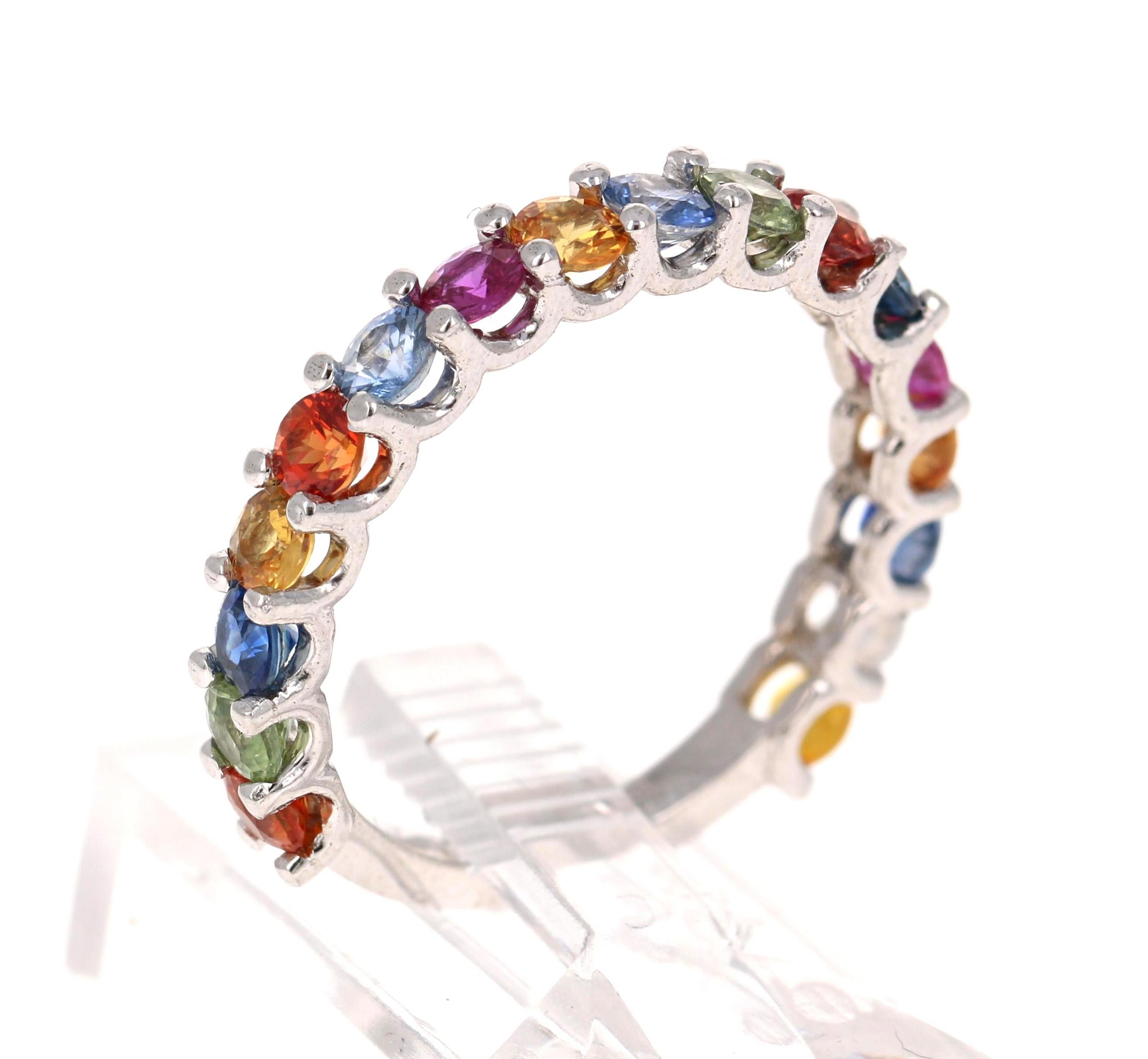 2.65 Carat Multicolored Sapphire 14 Karat White Gold Stackable Band!

There are 17 Multicolored Genuine Sapphires in this band that weigh 2.65 Carats.  
It is perfect for everyday wear and looks amazing stacked or alone.  They are versatile and can