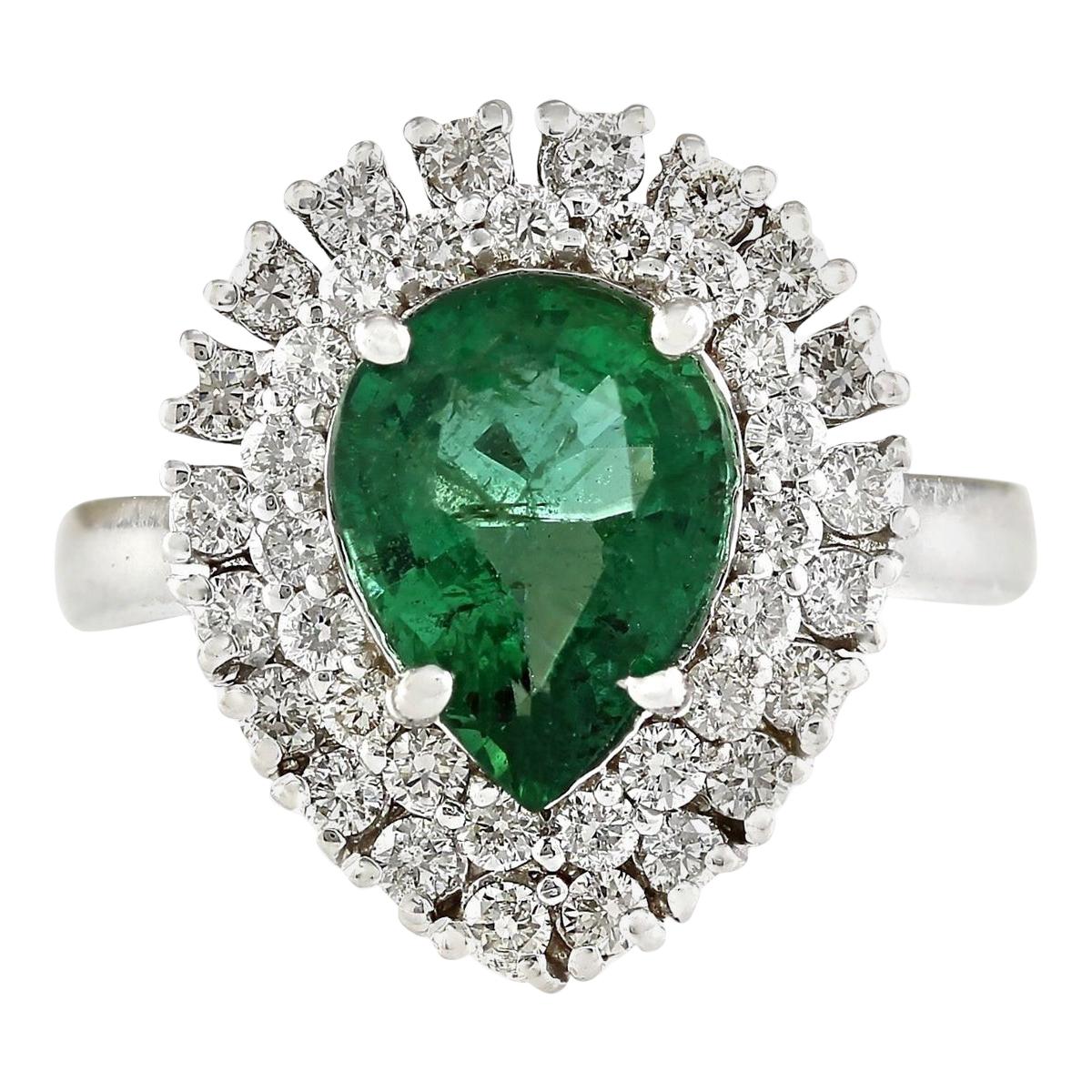 Natural Emerald 14 Karat White Gold Diamond Ring For Sale