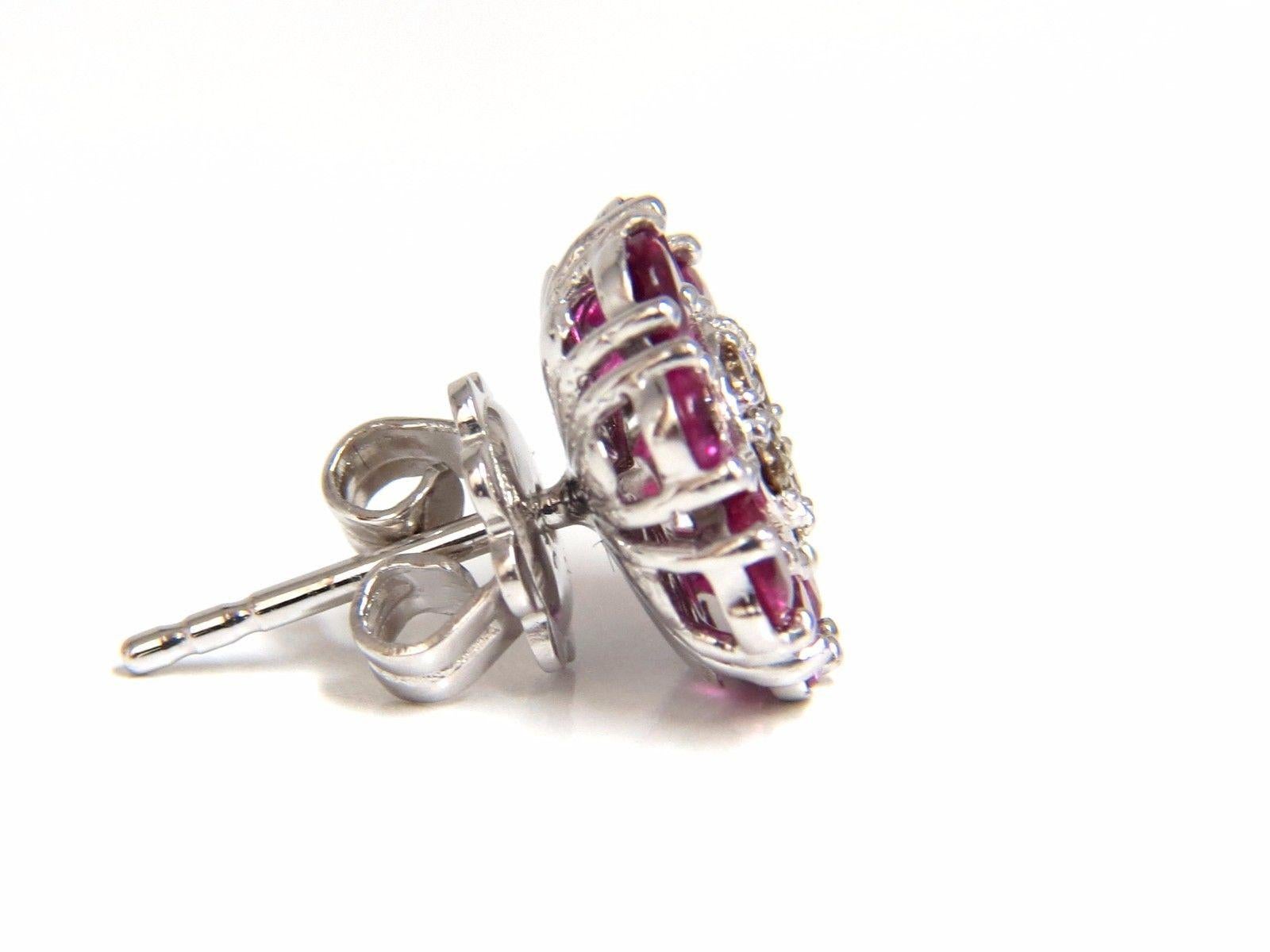 Round Cut 2.65 Carat Natural Fancy Color Diamonds Ruby Cluster Earrings 14 Karat For Sale
