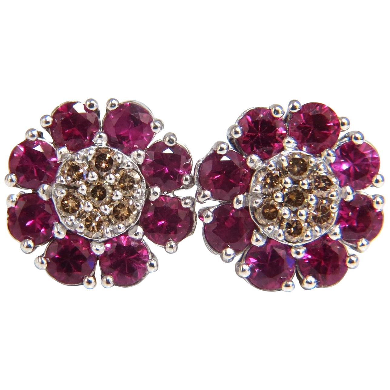 2.65 Carat Natural Fancy Color Diamonds Ruby Cluster Earrings 14 Karat For Sale