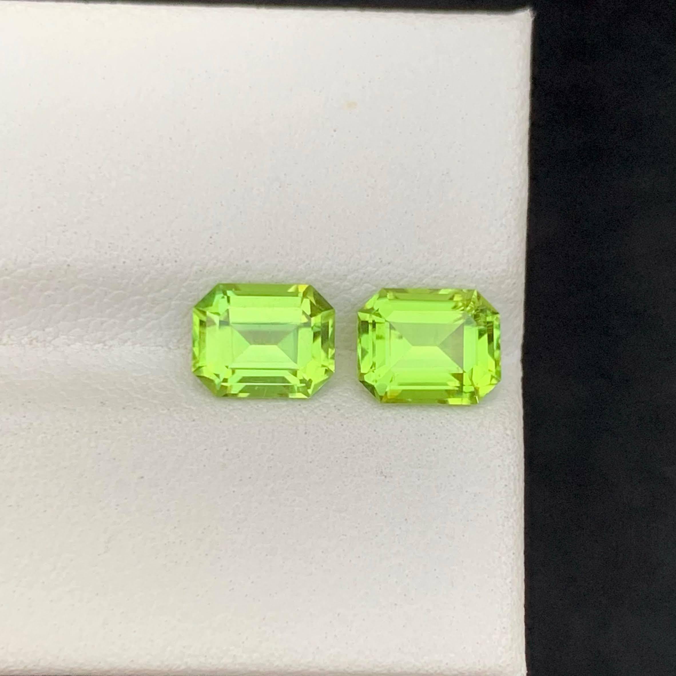 Weight 2.65 carat 
Dimensions 6.8x5.5x4.1mm
Treatment None
Origin Pakistan 
Clarity Eye Clean 
Shape Cut Emerald 





This 2.65 Carat Natural Loose Green Peridot Pair showcases the vibrant beauty of nature’s finest green gemstone. Expertly emerald