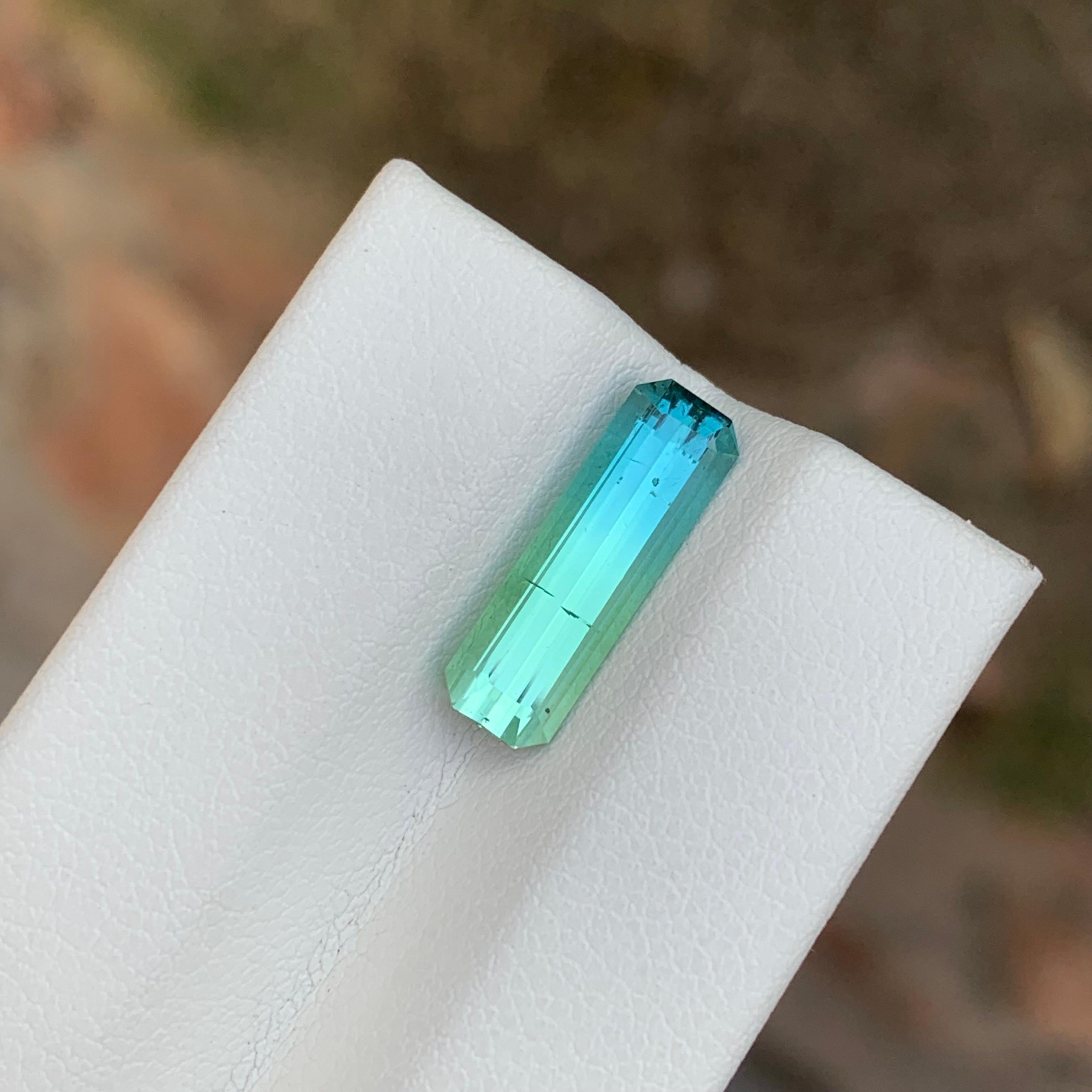 Faceted Parti Tourmaline 

Weight: 2.65 Carat
Dimension: 15.1 x 4.8 x 3.9 Mm 
Colour: Mint Green And Seafoam Blue
Treatment: Non
Certificate: On Customer Demand
Shape: Emerald


Tourmaline is a captivating gemstone known for its remarkable variety