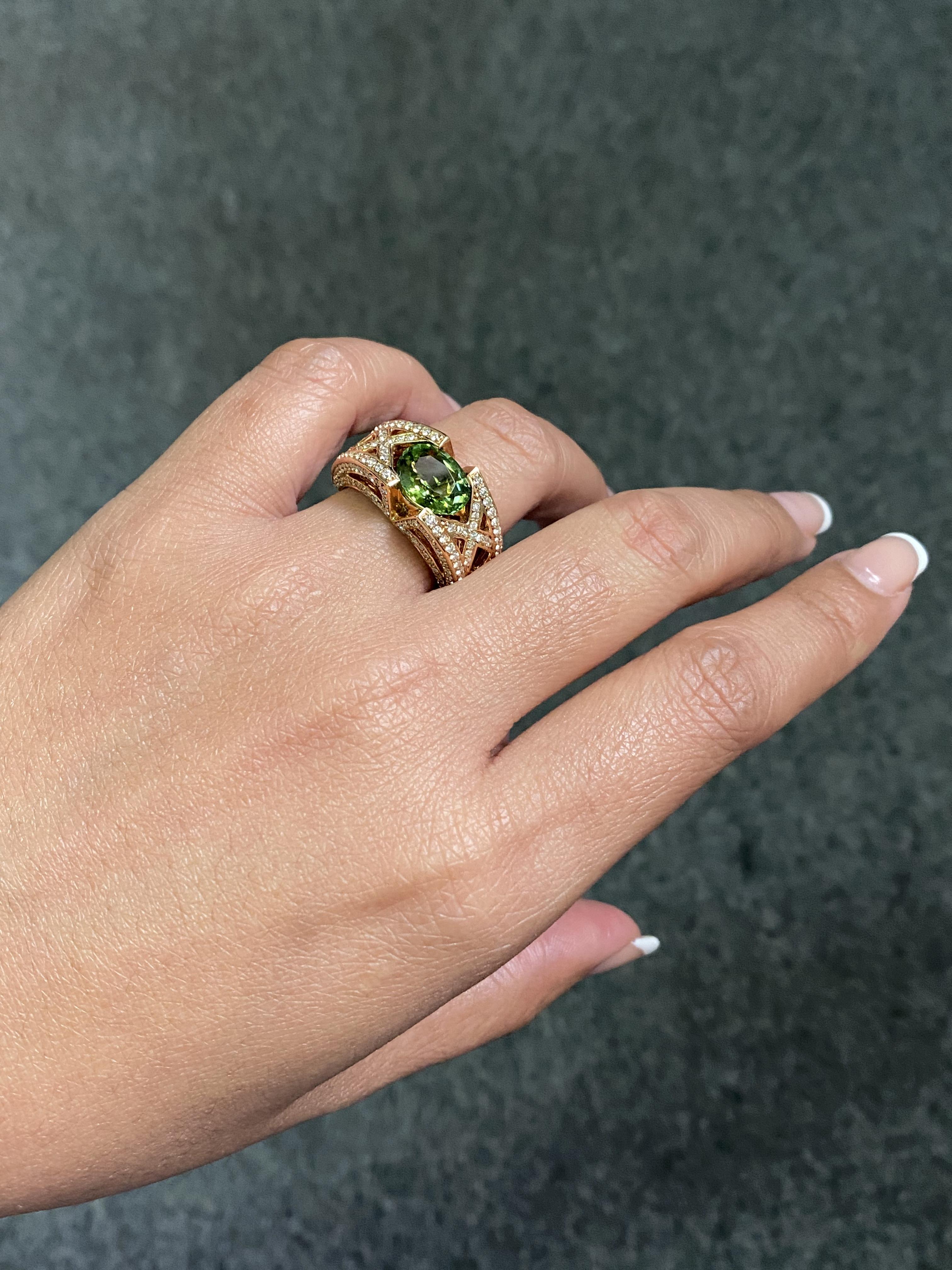 Rose Cut 2.65 Carat Natural Oval Tsavorite Garnet and Diamond Ring Set in 18K Rose Gold For Sale
