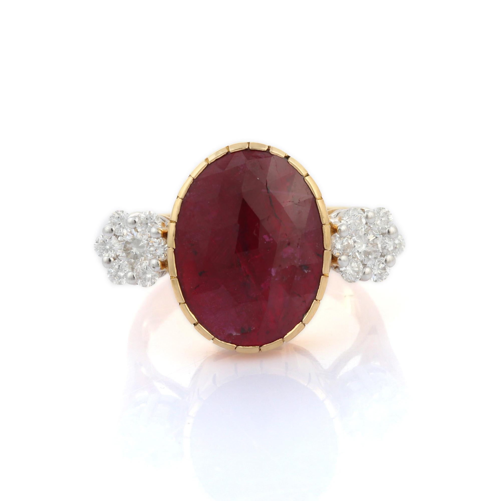 For Sale:  2.65 Carat Oval Cut Ruby Diamond Engagement Ring in 18 Karat Yellow Gold 14
