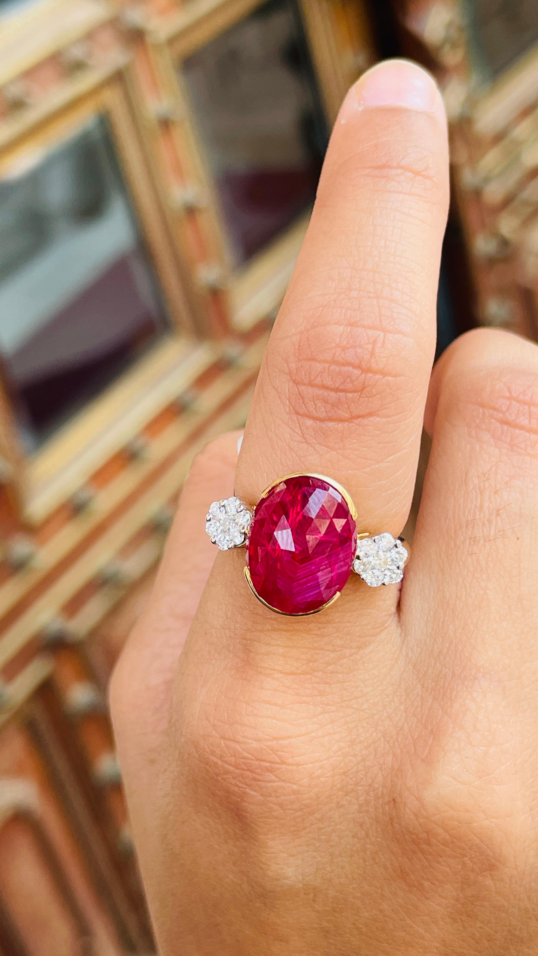 For Sale:  2.65 Carat Oval Cut Ruby Diamond Engagement Ring in 18 Karat Yellow Gold 3