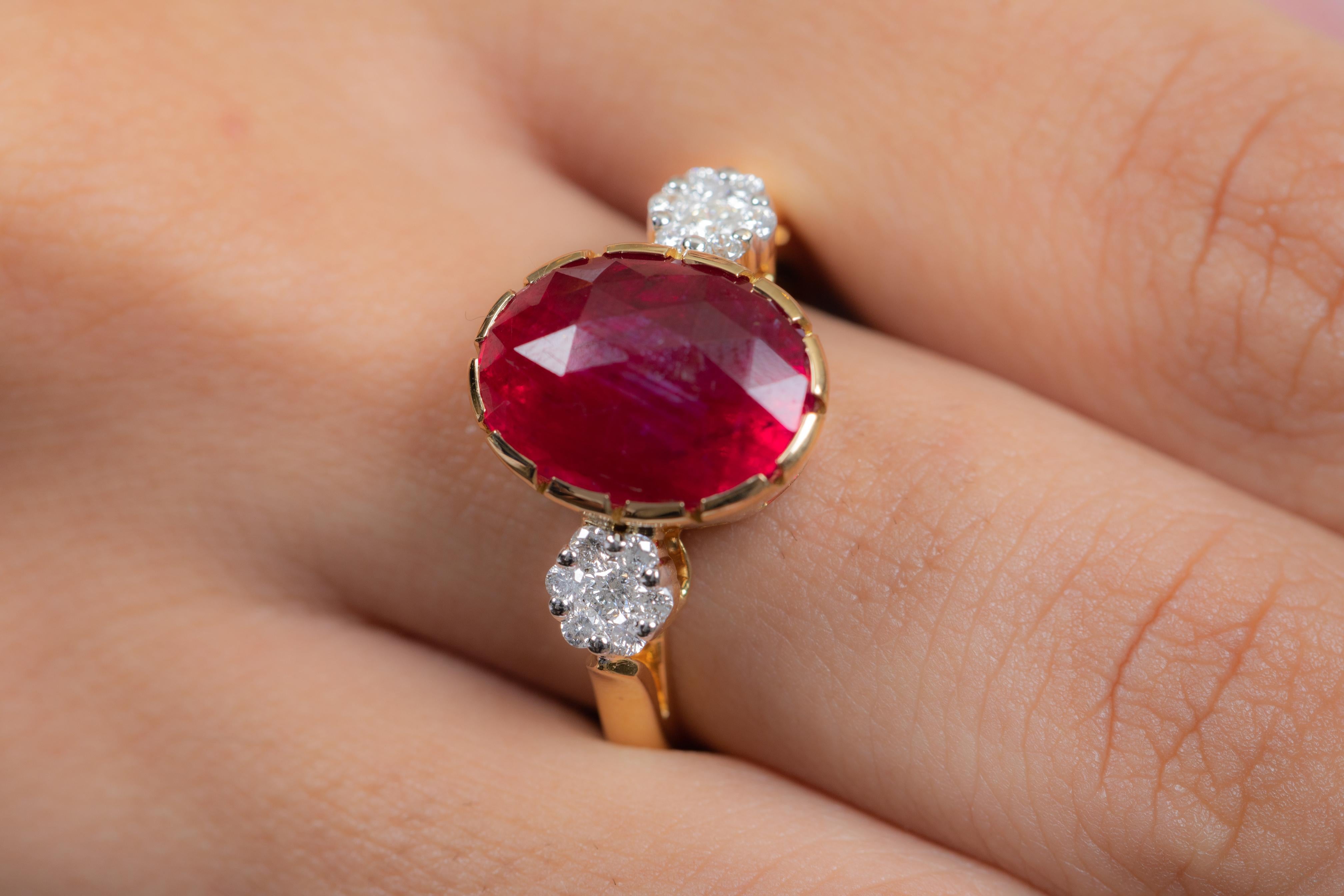 For Sale:  2.65 Carat Oval Cut Ruby Diamond Engagement Ring in 18 Karat Yellow Gold 2