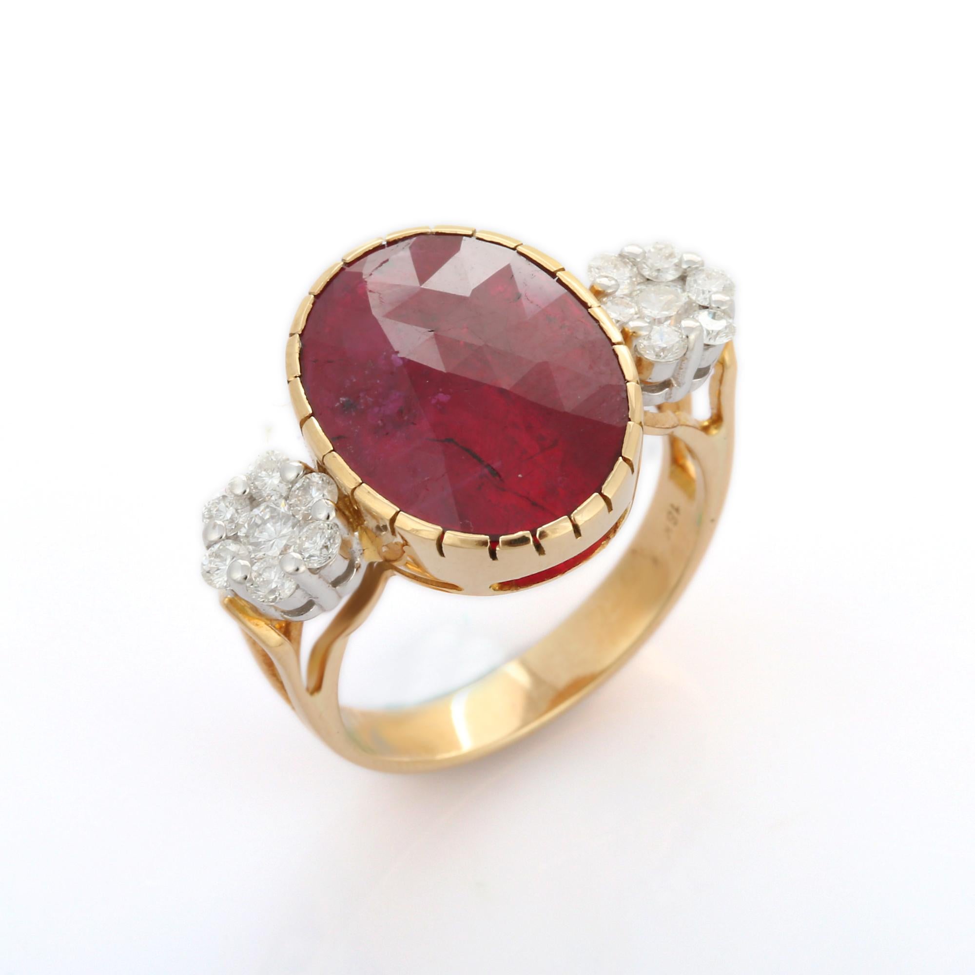 For Sale:  2.65 Carat Oval Cut Ruby Diamond Engagement Ring in 18 Karat Yellow Gold 7