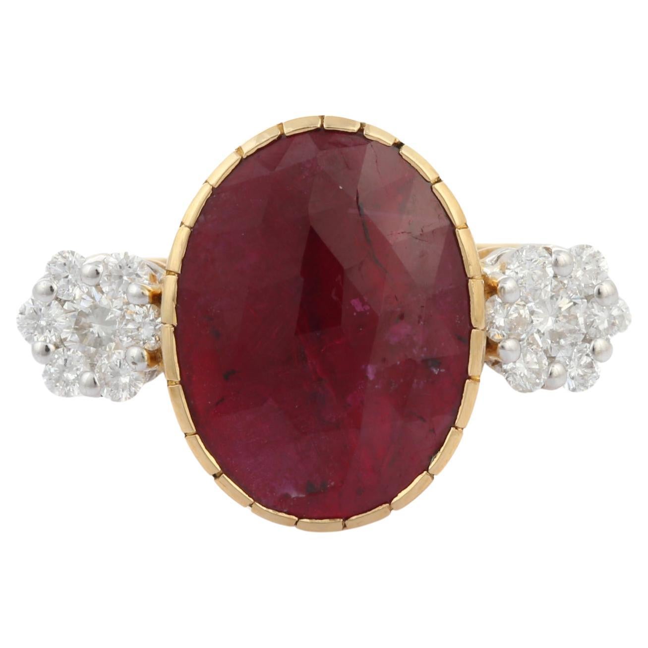 For Sale:  2.65 Carat Oval Cut Ruby Diamond Engagement Ring in 18 Karat Yellow Gold
