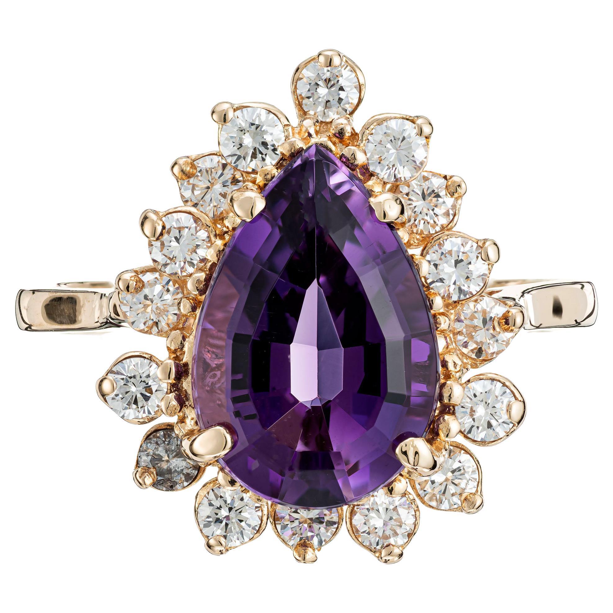 2.65 Carat Pear Shaped Natural Amethyst Diamond Halo Gold Ring For Sale
