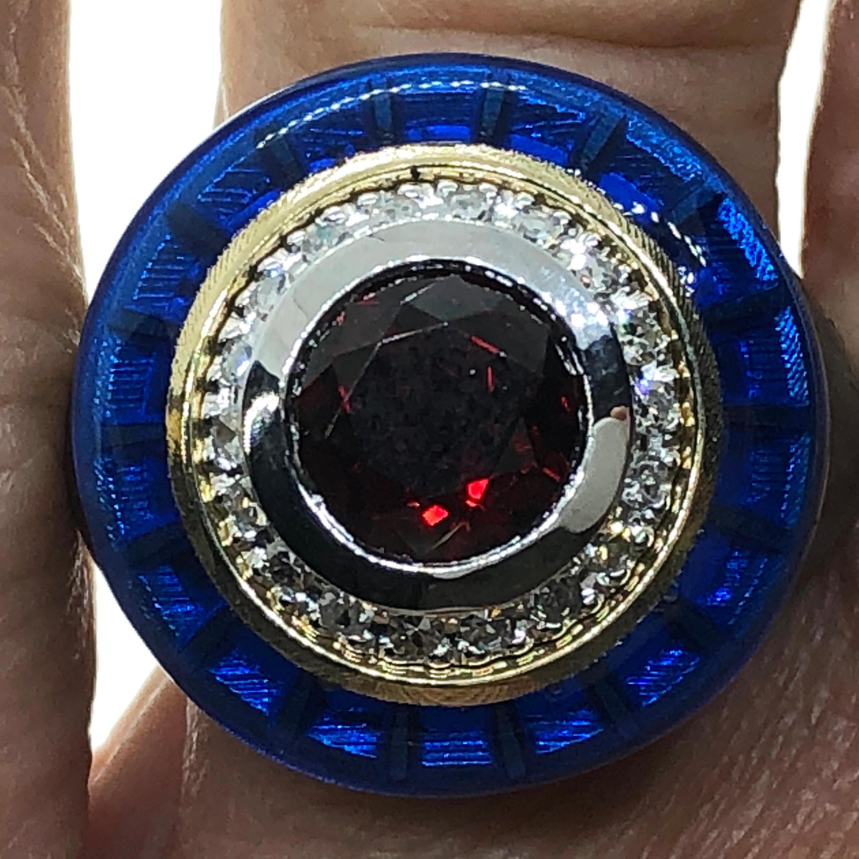 Berca 2.65 Kt Red Garnet White Diamond Blue Enamel 18Kt Gold Brass Cocktail Ring For Sale 10