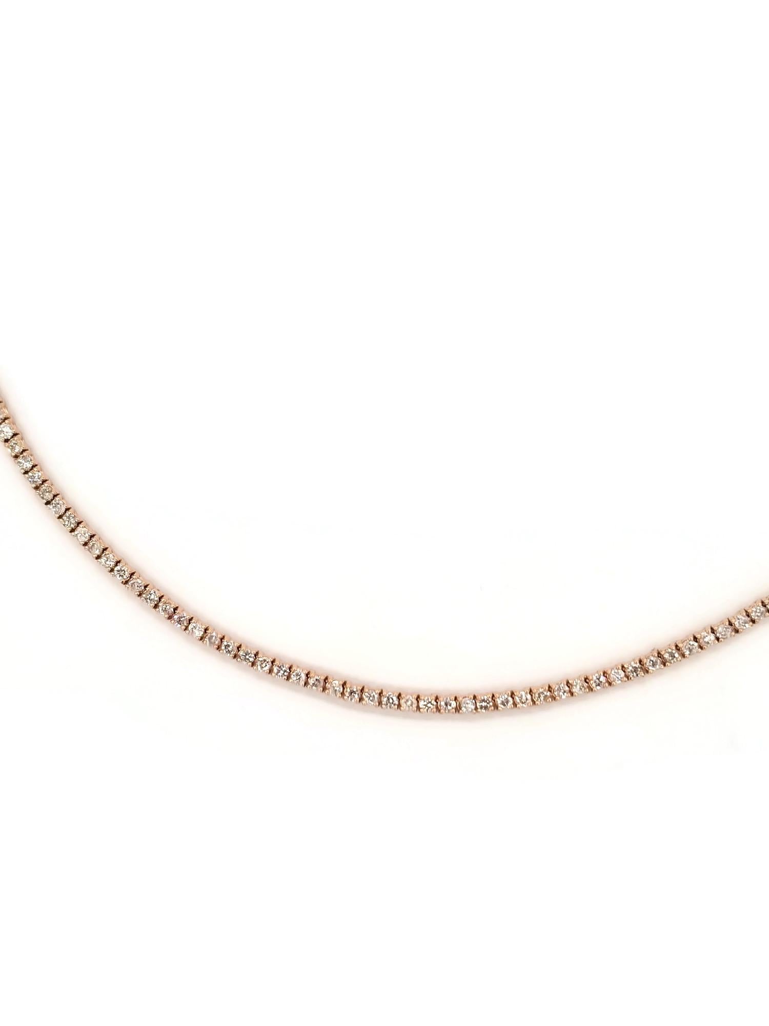 Brilliant and beautiful tennis necklace, natural round-brilliant cut white diamonds clean and Excellent shine. 14k rose gold classic four-prong style for maximum light brilliance. 14 inch length. average I Color, SI Clarity. Elegance for every
