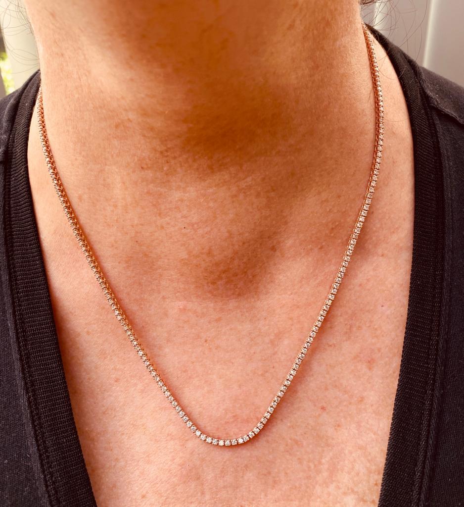 2.65 Carat Round Brilliant Cut Diamond Tennis Necklace 14 Karat Rose Gold In New Condition In Great Neck, NY